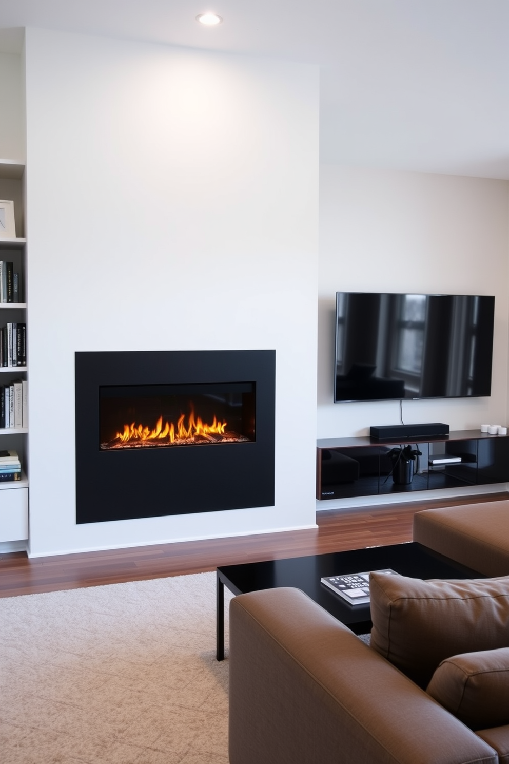 A contemporary living room featuring a sleek fireplace with a modern electric insert. The fireplace is framed by minimalist shelving that holds decorative books and art pieces. Across from the fireplace, a large flat-screen TV is mounted on the wall, creating a focal point for entertainment. The seating arrangement includes a plush sectional sofa and a stylish coffee table, inviting comfort and conversation.