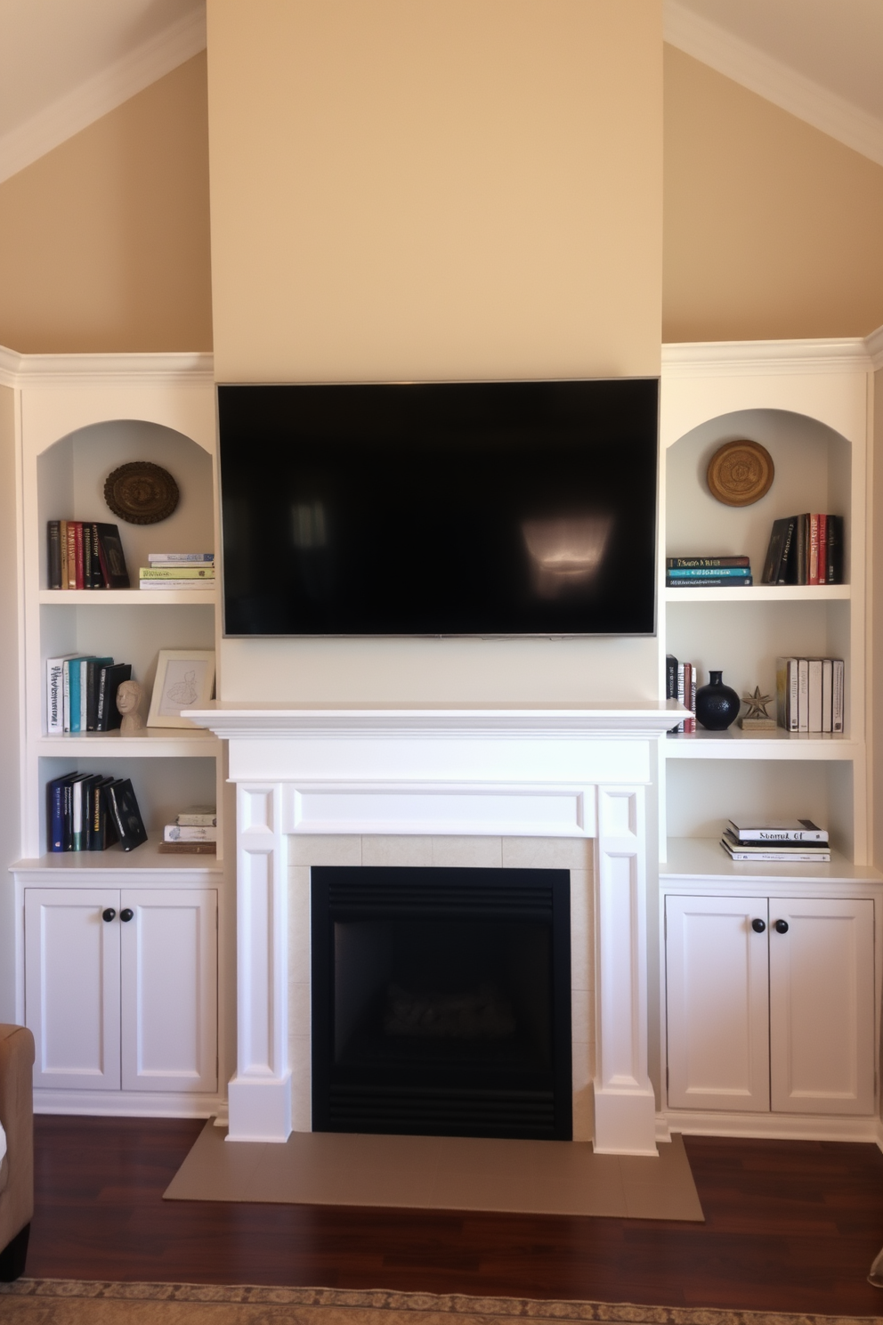 A cohesive color palette featuring soft neutrals and warm earth tones creates a harmonious living room atmosphere. The design includes a stylish fireplace as the focal point, complemented by a sleek flat-screen TV mounted above it, surrounded by built-in shelving for books and decor.