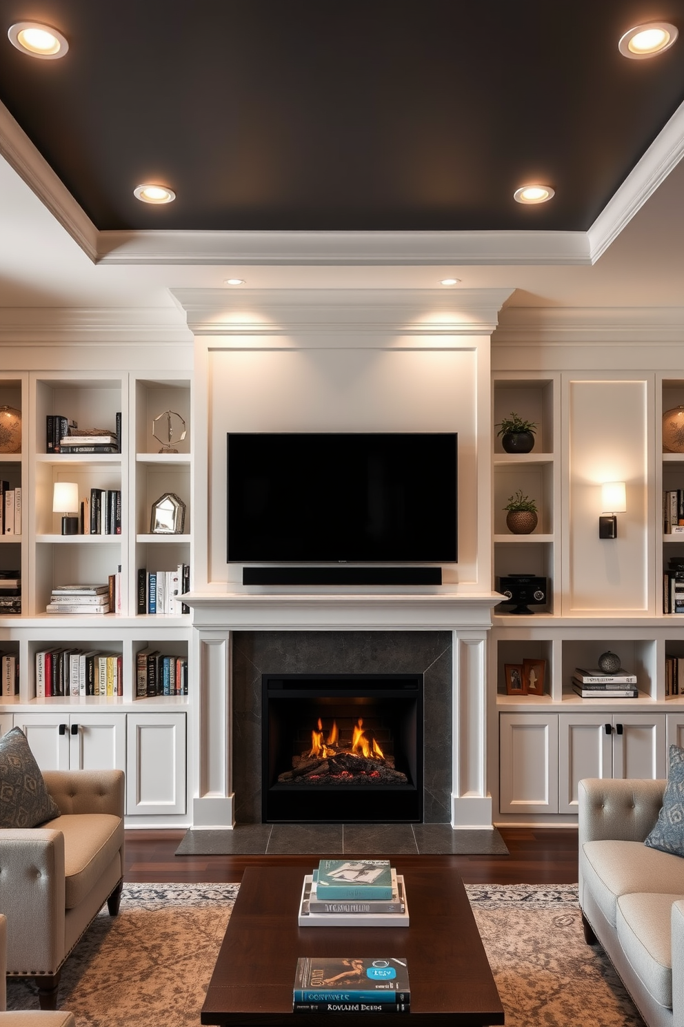 A cozy living room designed for both relaxation and entertainment. The space features a modern fireplace as the focal point, flanked by built-in shelves filled with books and decorative items. Soft layered lighting enhances the ambiance, with recessed ceiling lights, stylish floor lamps, and sconces providing a warm glow. A large flat-screen TV is mounted above the fireplace, seamlessly integrated into the design for a contemporary look.