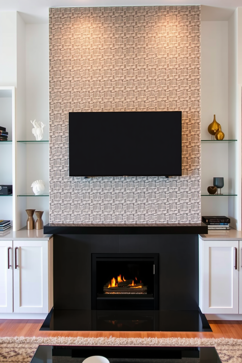 A stylish living room features a textured wall behind a sleek TV display, creating a striking focal point. A modern fireplace adds warmth and ambiance, surrounded by elegant shelving that showcases decorative items.