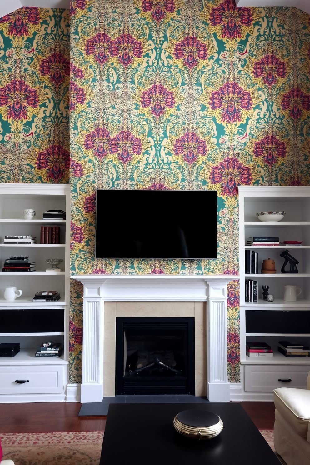 A living room featuring an accent wall adorned with bold wallpaper that showcases vibrant colors and intricate patterns. The space includes a cozy fireplace flanked by stylish built-in shelves, with a sleek television mounted above the mantel for a modern touch.