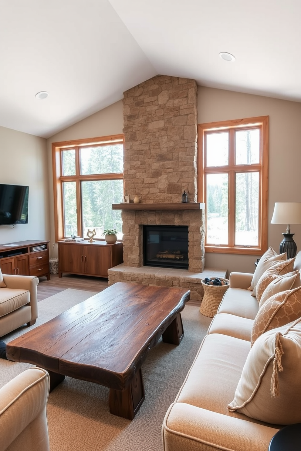 A cozy living room featuring natural materials that create a warm and inviting atmosphere. The space includes a rustic wooden coffee table, plush beige sofas, and a large stone fireplace as the focal point. On one side of the room, a flat-screen TV is mounted above a sleek wooden console. Large windows allow natural light to flood the space, complemented by soft, earthy tones in the decor.