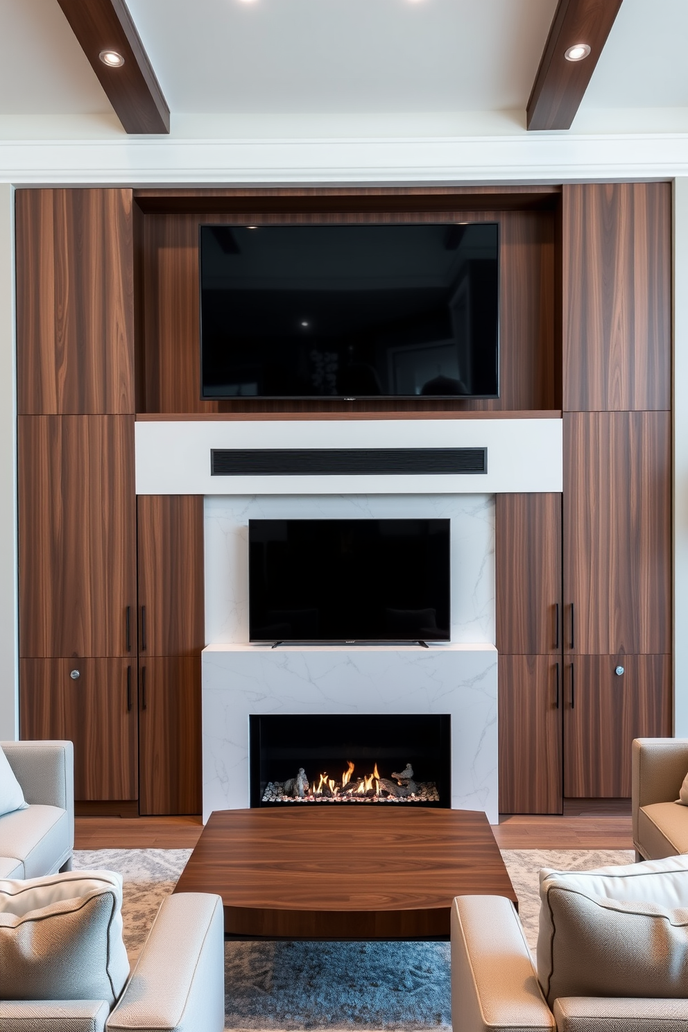 A modern living room features a custom-built cabinet that seamlessly integrates a large flat-screen TV. The cabinet is finished in a rich walnut wood, providing a warm contrast to the sleek lines of the contemporary fireplace below. The fireplace is framed in elegant white marble, creating a focal point that draws the eye. Plush seating arrangements in neutral tones surround the space, inviting relaxation and conversation.