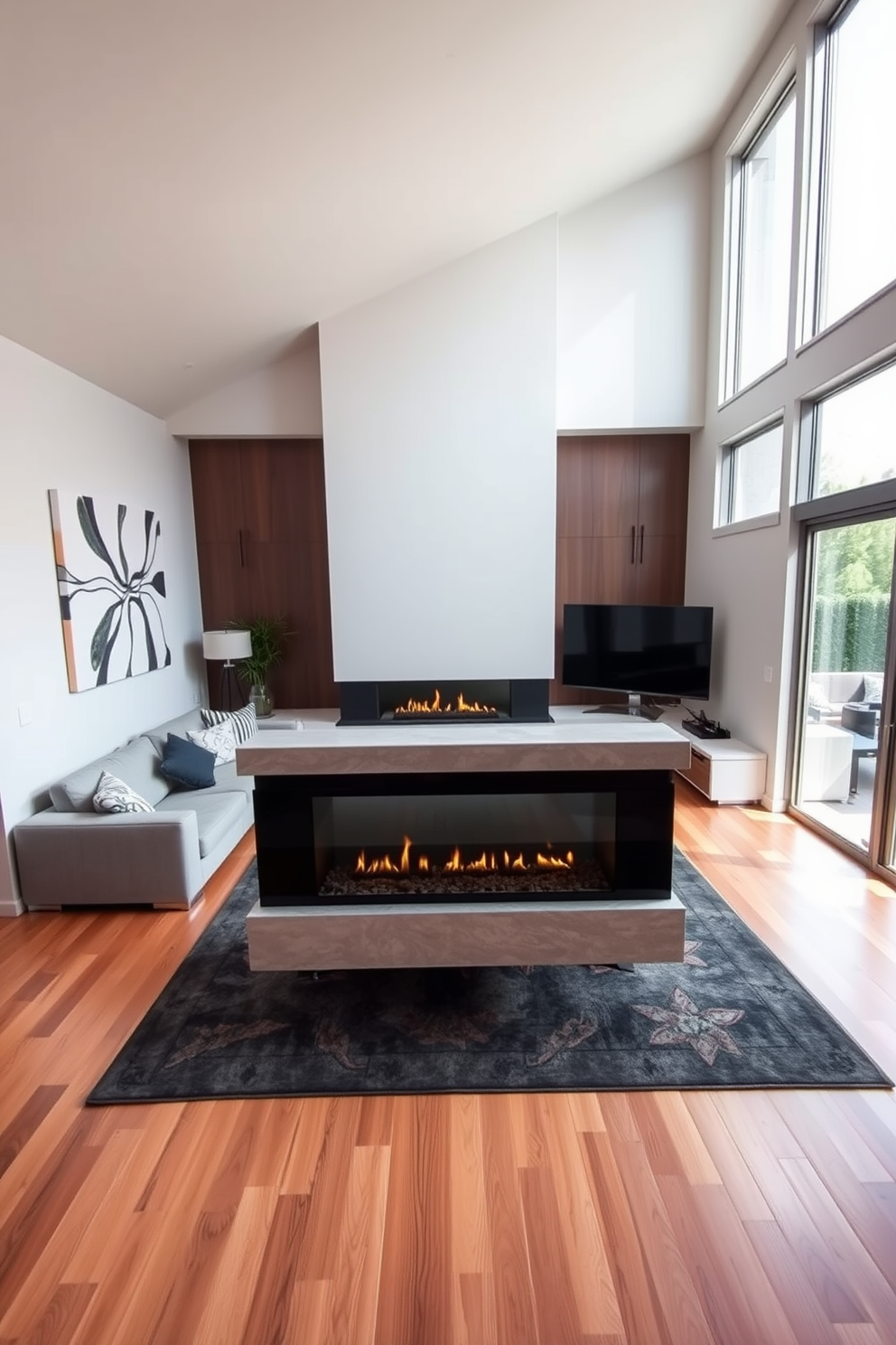 A modern living room features a sleek fireplace with a contemporary hearth made of polished stone. The space is designed with a comfortable sectional sofa facing the fireplace, complemented by a minimalist coffee table and a large flat-screen TV mounted on the wall opposite. Natural light floods the room through large windows, highlighting the warm tones of the wooden floor. Stylish decor elements, such as abstract art on the walls and a cozy area rug, create an inviting atmosphere perfect for relaxation and entertainment.