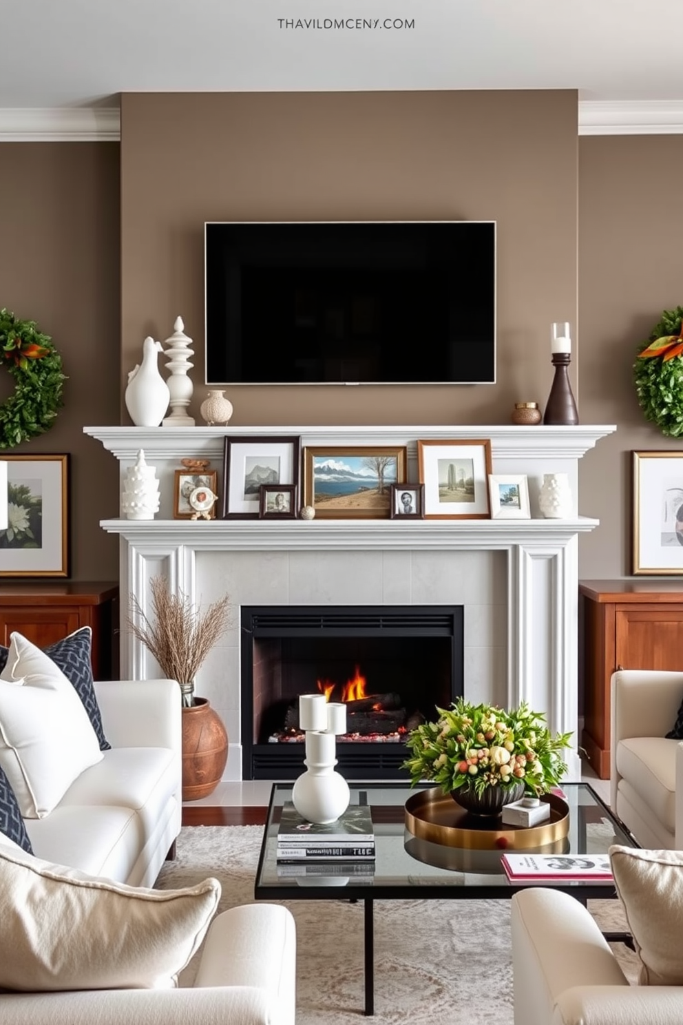 Artistic mantel decor adds a focal point to the living room while enhancing its overall aesthetic. The mantel features a mix of sculptural pieces, framed artwork, and seasonal decorations that create visual interest. The living room is designed around a cozy fireplace, with a sleek TV mounted above the mantel for modern convenience. Plush seating and a stylish coffee table complete the space, inviting relaxation and conversation.