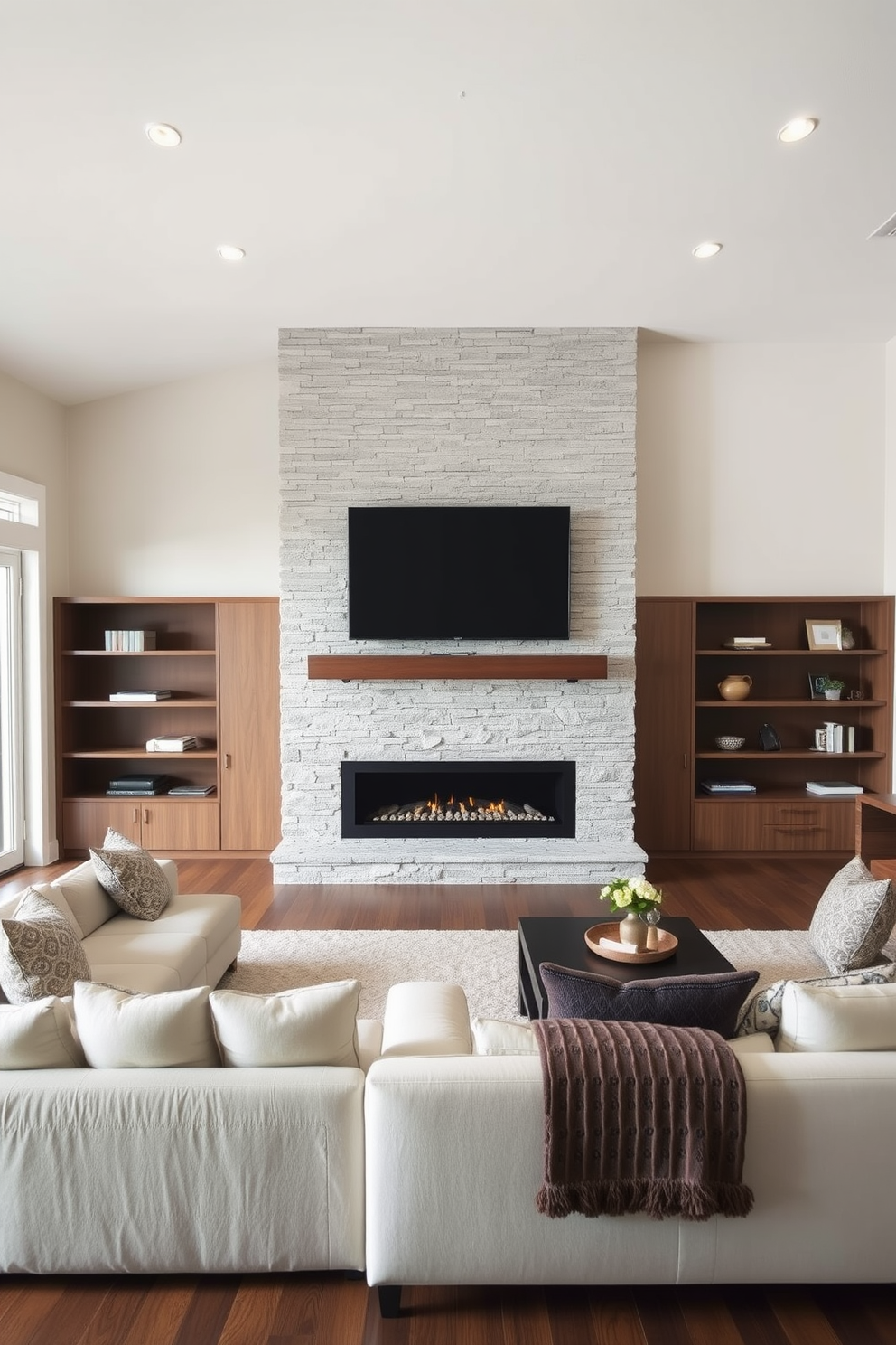 Open concept layout featuring a cozy living room that emphasizes a modern fireplace as the focal point. The space includes a large sectional sofa in neutral tones, complemented by a stylish coffee table and built-in shelving on either side of the fireplace. The wall behind the fireplace is adorned with a textured stone finish, adding warmth and character to the room. A flat-screen TV is mounted above the mantel, seamlessly integrating technology into the inviting atmosphere.