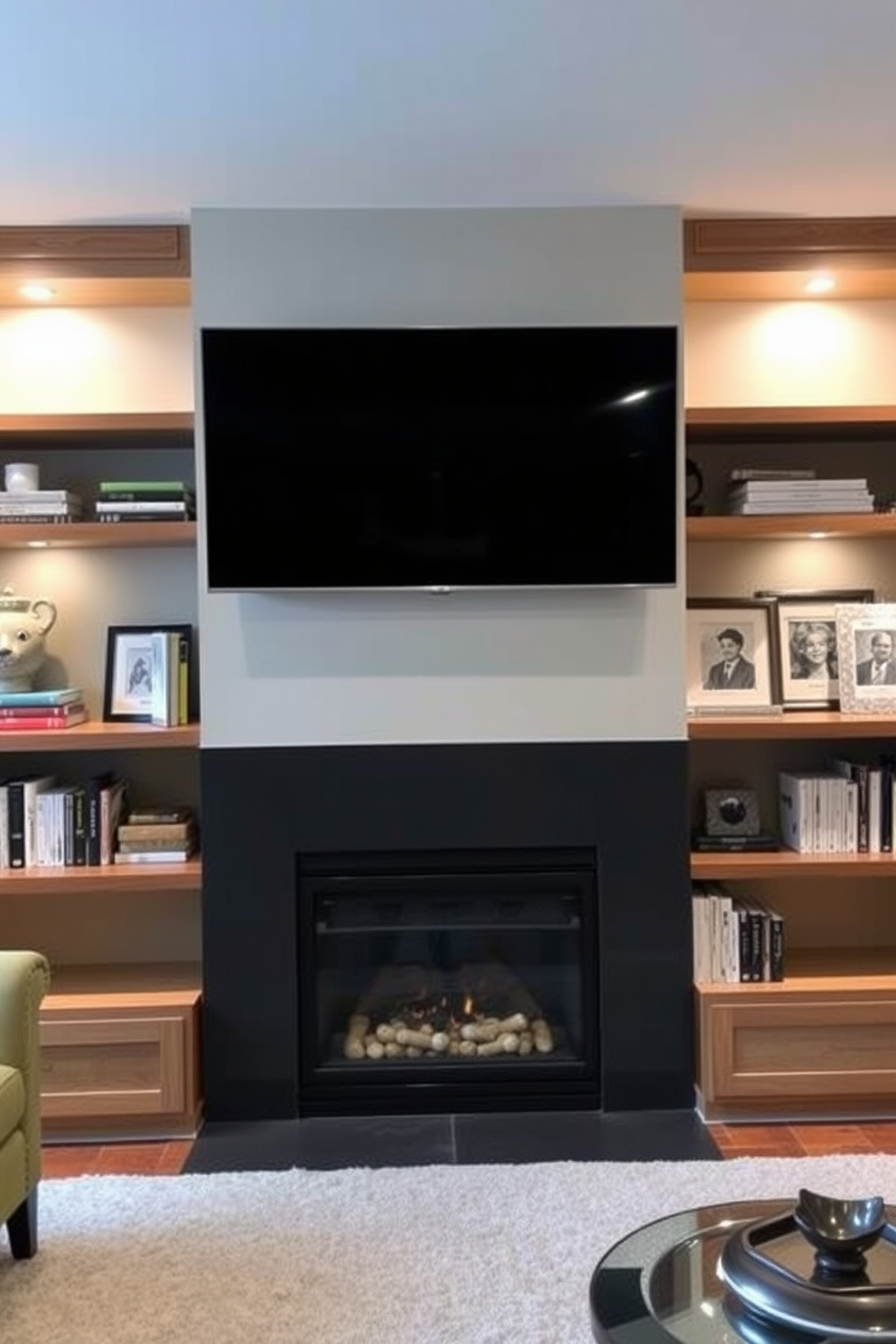 A stylish living room featuring built-in shelves flanking a modern fireplace. The shelves are filled with decorative books and art pieces, while a sleek television is mounted above the fireplace, creating a focal point for the space.