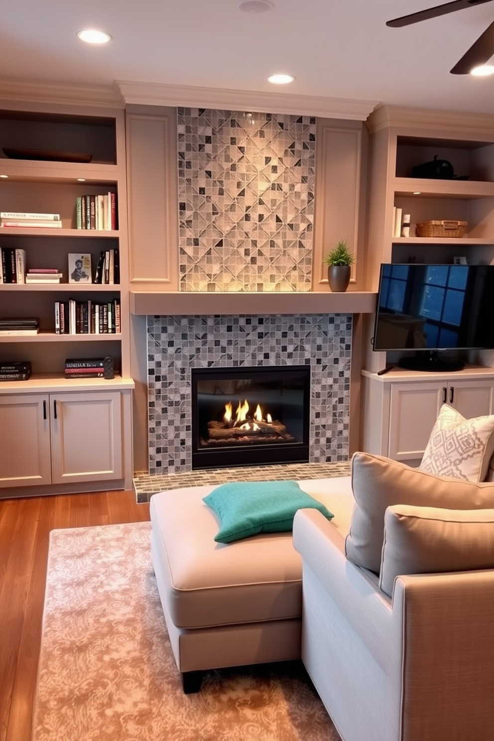 A cozy living room featuring a stunning fireplace with a unique tile design that serves as the focal point of the space. The fireplace is framed by built-in shelves filled with books and decorative items, creating an inviting atmosphere. Adjacent to the fireplace, a comfortable sectional sofa is arranged for optimal viewing of the wall-mounted TV. The room is accented with warm lighting and a soft area rug that complements the color palette, enhancing the overall comfort and style.