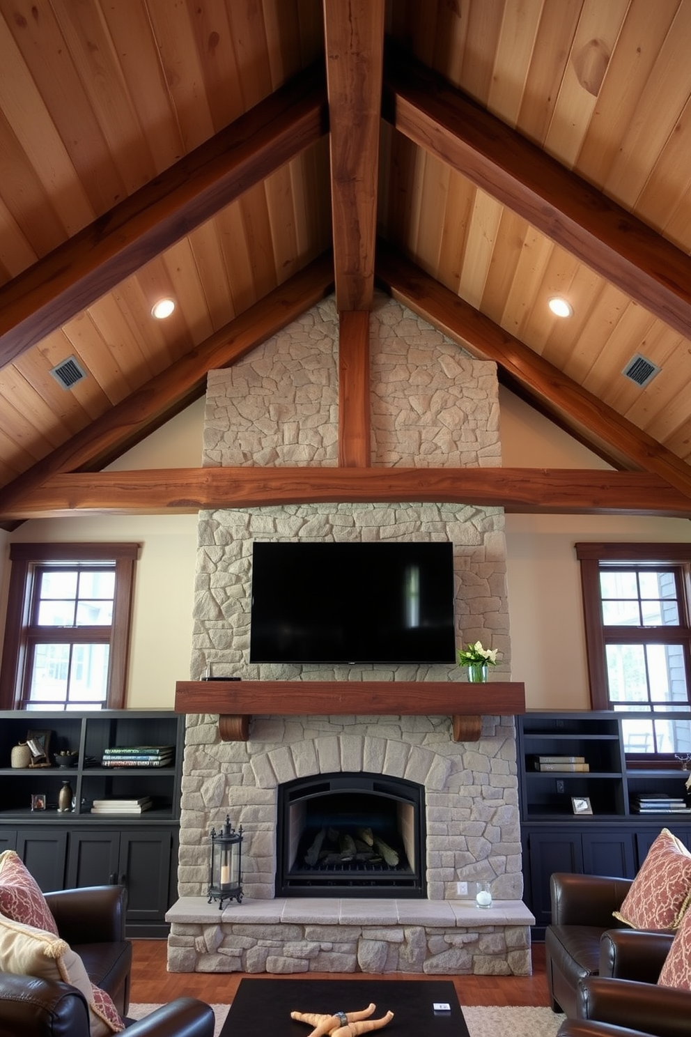 A cozy living room featuring rustic wood beams that stretch across the ceiling, creating a warm and inviting atmosphere. The focal point is a beautifully designed fireplace, surrounded by natural stone, with a flat-screen TV mounted above it, seamlessly blending modern technology with rustic charm.