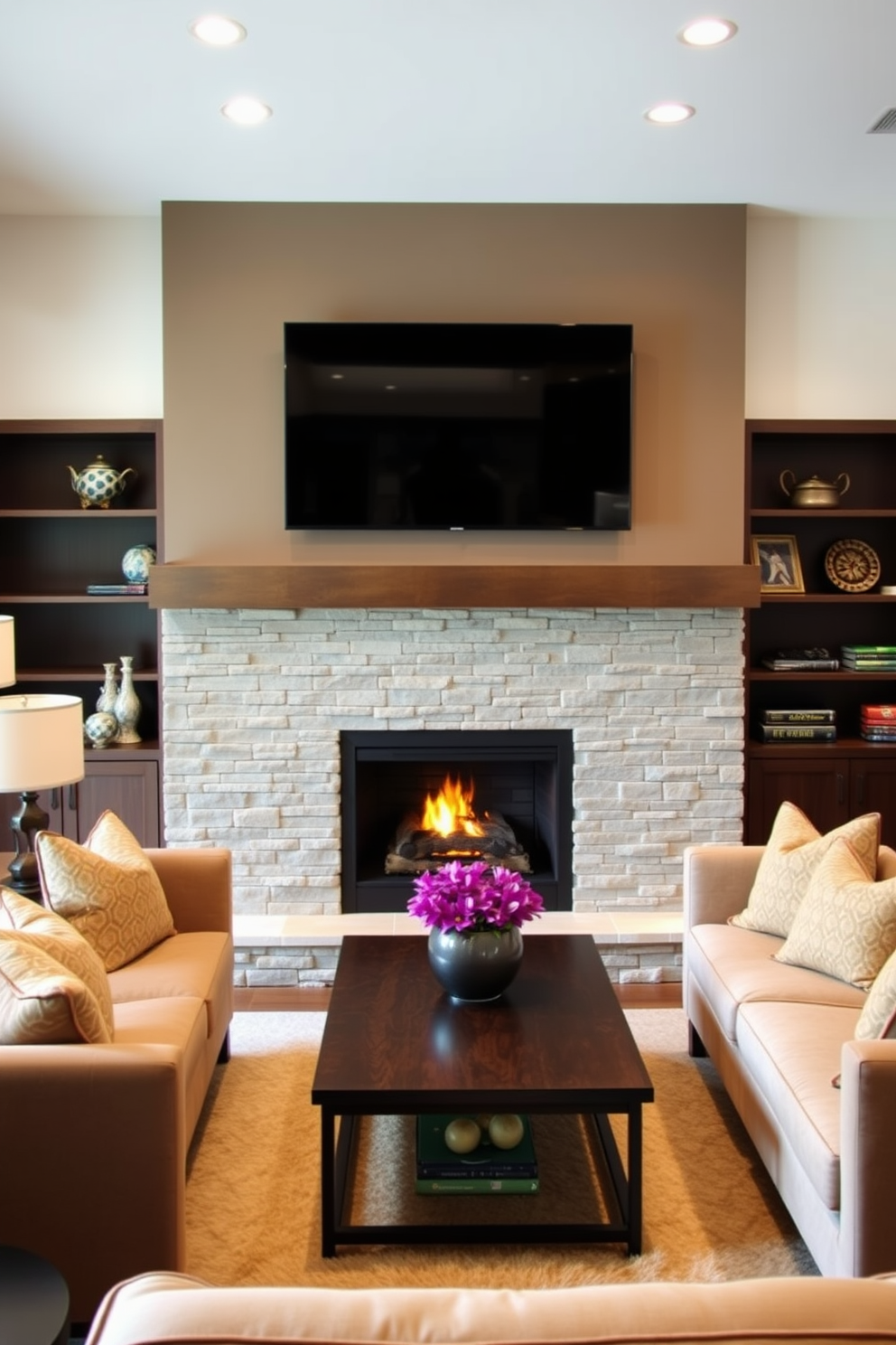 A contemporary fireplace is the focal point of the living room, featuring a sleek stone surround that adds texture and warmth to the space. Above the fireplace, a flat-screen TV is mounted, seamlessly integrating technology with the inviting atmosphere of the room. The living room is designed with a cozy seating arrangement that encourages relaxation and conversation. Plush sofas and armchairs are arranged around a stylish coffee table, creating a perfect gathering spot for family and friends.