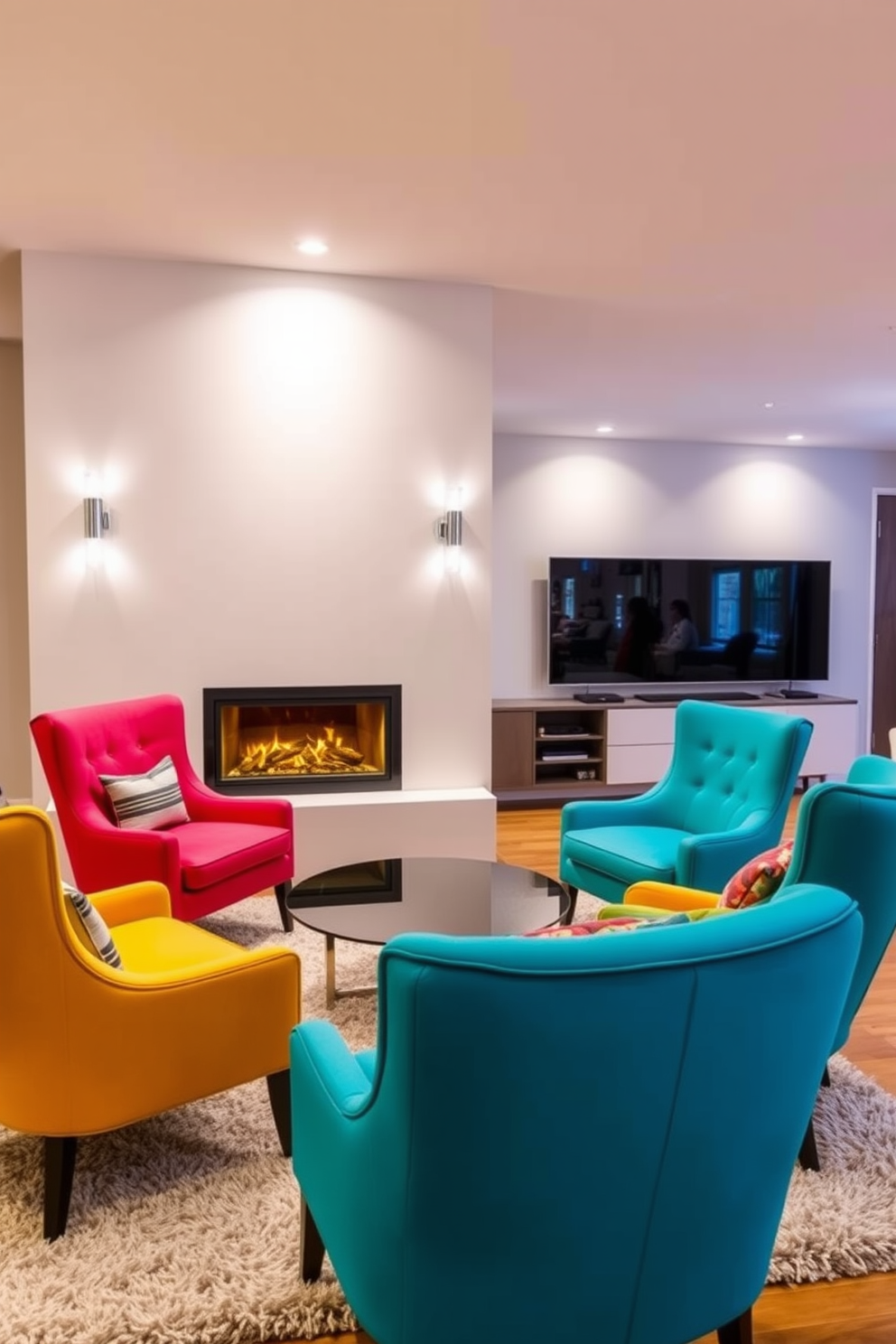 Colorful accent chairs are arranged around a modern fireplace, creating a cozy and inviting atmosphere. The chairs feature vibrant upholstery that contrasts beautifully with the warm tones of the fireplace and the neutral walls. In this living room design, a sleek TV unit is positioned opposite the fireplace, providing an ideal focal point for entertainment. Soft lighting fixtures are strategically placed to enhance the ambiance, while a plush area rug adds comfort underfoot.