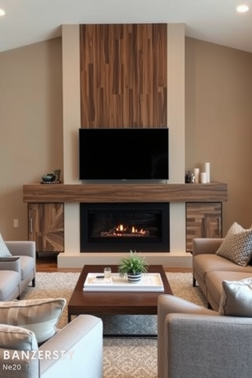 A modern living room featuring a sleek fireplace as the focal point. The fireplace is framed by a stylish TV console that combines wood and metal elements, creating a contemporary aesthetic. The walls are painted in a warm neutral tone, enhancing the cozy atmosphere. Plush seating arrangements, including a sectional sofa and accent chairs, are positioned to create an inviting gathering space around the fireplace.