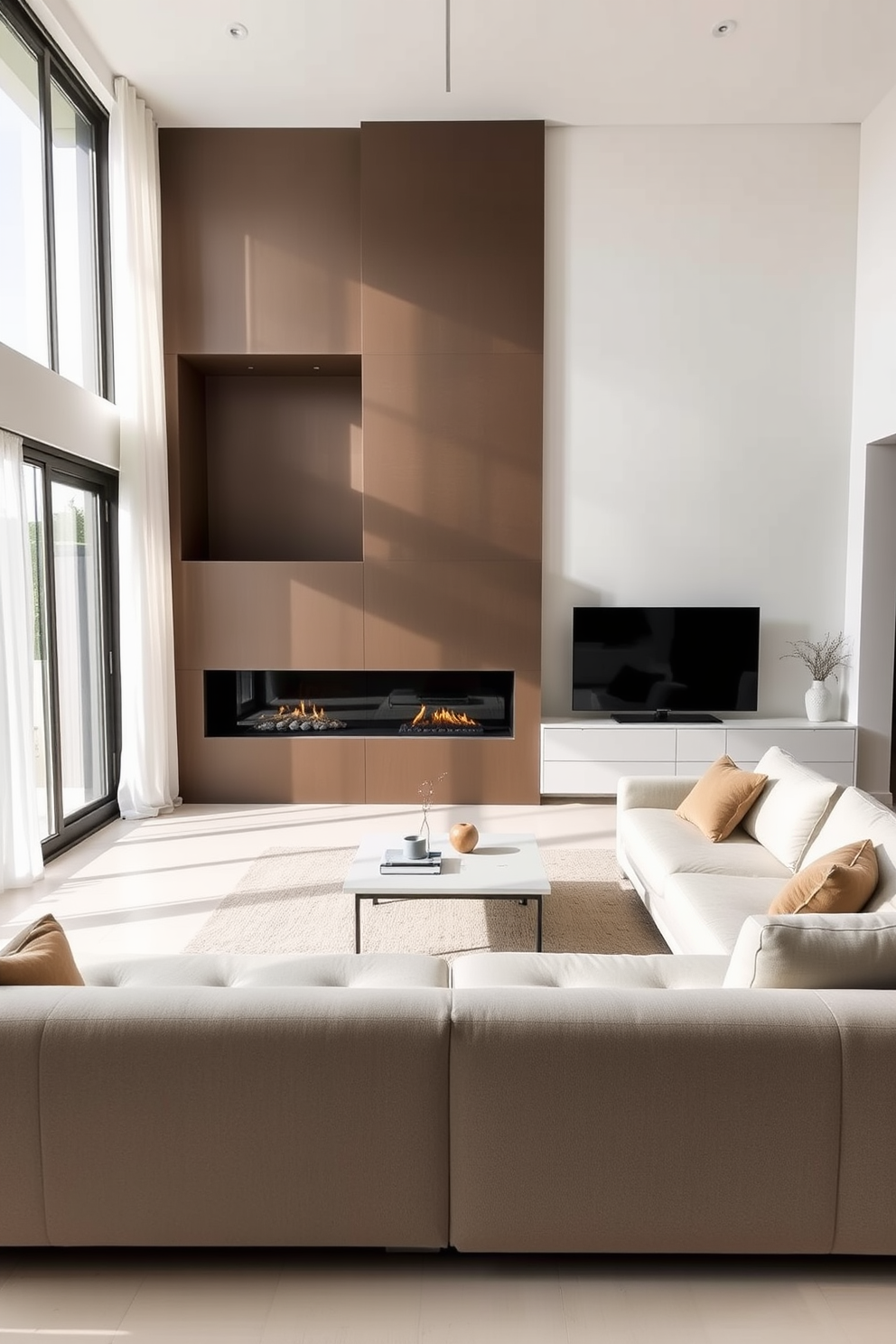 A minimalist living room features a sleek low-profile sofa in a neutral color, positioned to face a modern fireplace that is seamlessly integrated into the wall. The television is cleverly concealed within a custom cabinetry unit, maintaining the clean lines and uncluttered aesthetic of the space. Natural light floods the room through large windows dressed with sheer curtains, enhancing the airy feel. A simple coffee table sits in the center, complemented by a few carefully chosen decorative items to maintain the minimalist theme.