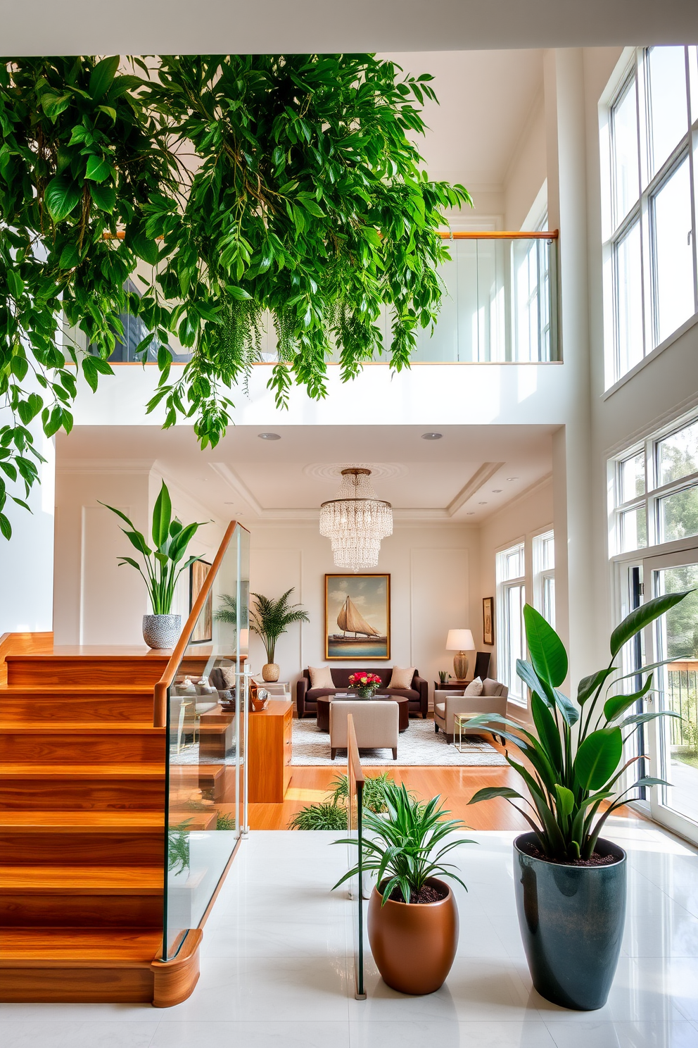 A stunning staircase framed by lush indoor plants creates a vibrant focal point in the entryway. The wooden steps are complemented by a sleek glass railing, allowing light to flow freely through the space. The living room features an elegant design with a cozy seating arrangement and large windows that invite natural light. A statement chandelier hangs from the ceiling, adding a touch of sophistication to the overall ambiance.