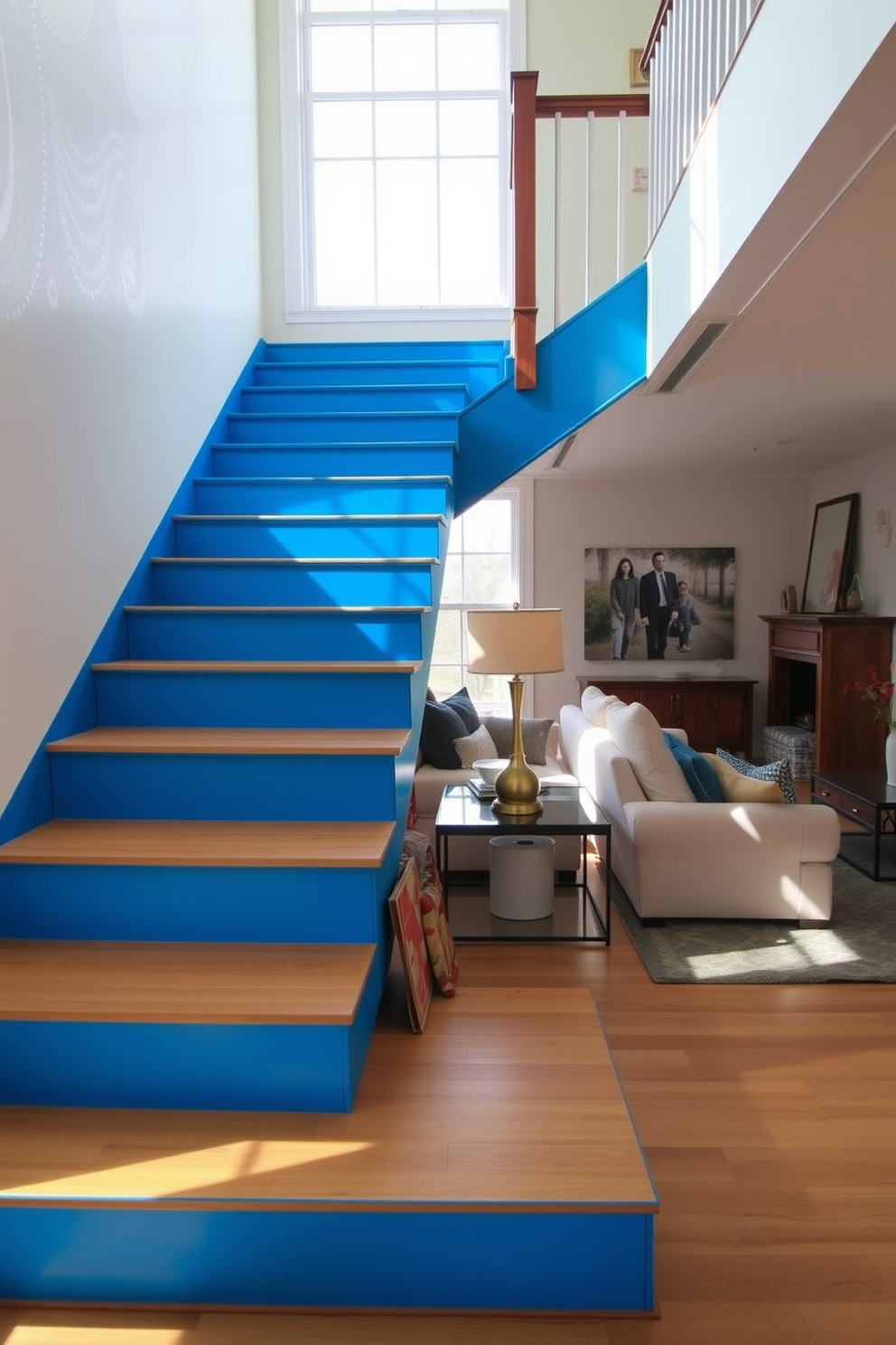 Brightly painted stairs create a vibrant focal point in the living room. The stairs feature a bold blue color that contrasts beautifully with the neutral walls and complements the surrounding decor. The living room is designed with an open layout, showcasing a cozy seating area that invites relaxation. Large windows allow natural light to flood the space, enhancing the cheerful atmosphere created by the colorful stairs.