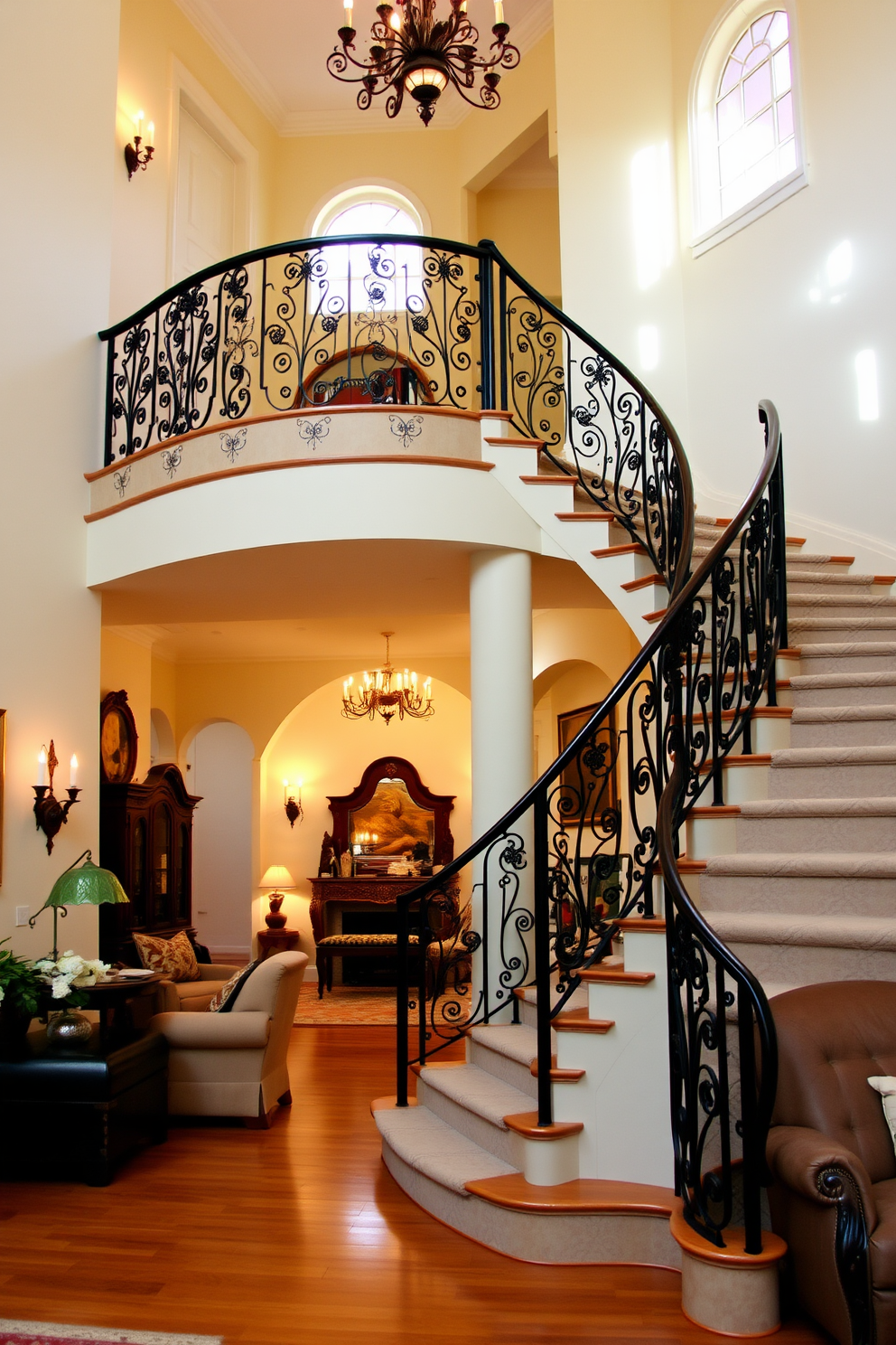 A grand living room features a stunning staircase adorned with an elegant wrought iron railing. The staircase curves gracefully, leading to an upper level, while the living area showcases plush seating and warm, inviting decor.