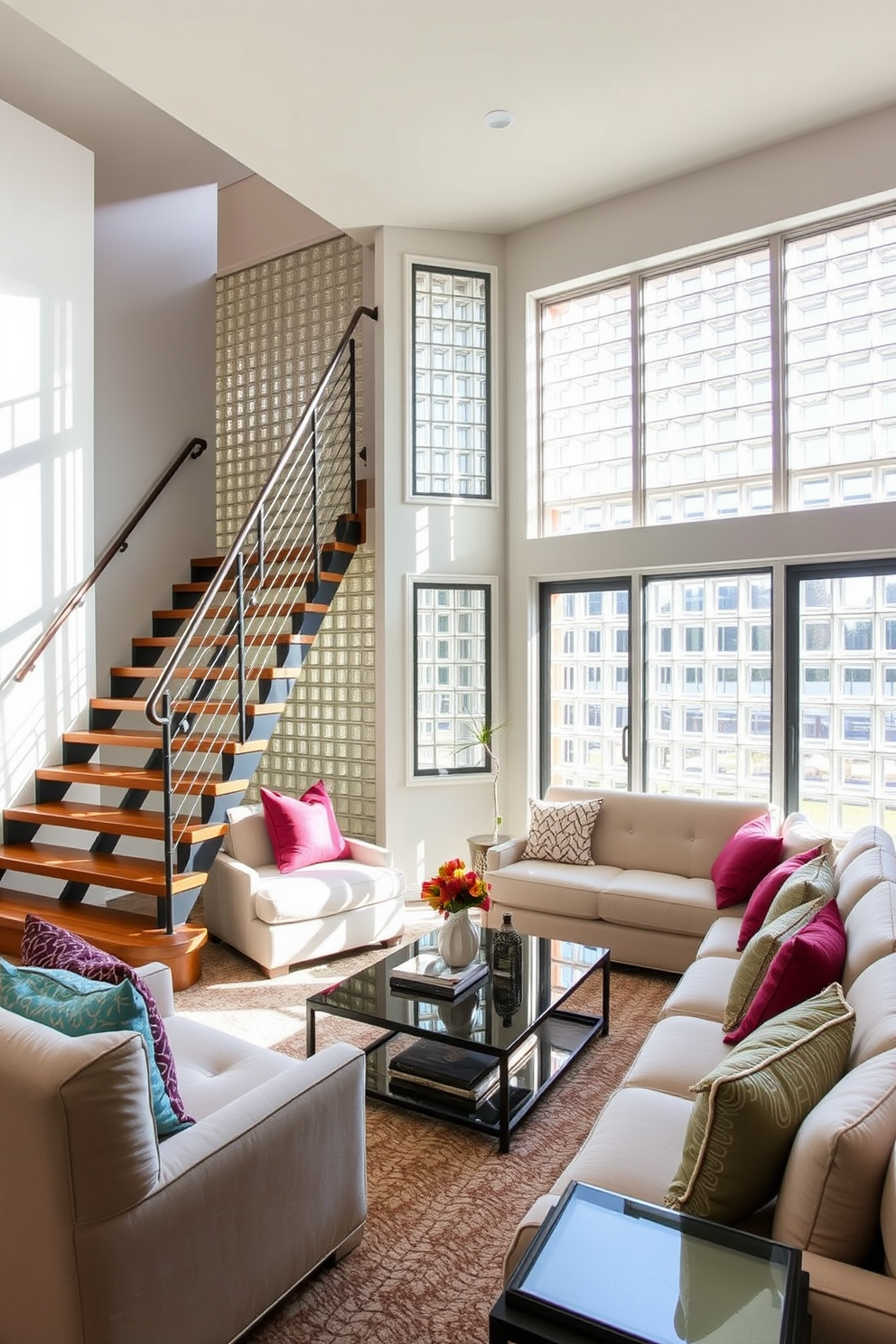 A contemporary living room features a stunning glass block wall beside the staircase, allowing natural light to filter through and illuminate the space. The staircase is elegantly designed with wooden steps and a sleek metal railing, creating a modern aesthetic that complements the overall decor. The living area is adorned with plush furnishings in neutral tones, accented by vibrant throw pillows that add a pop of color. Large windows provide a view of the outdoors, while a stylish coffee table sits at the center, surrounded by a cozy seating arrangement.