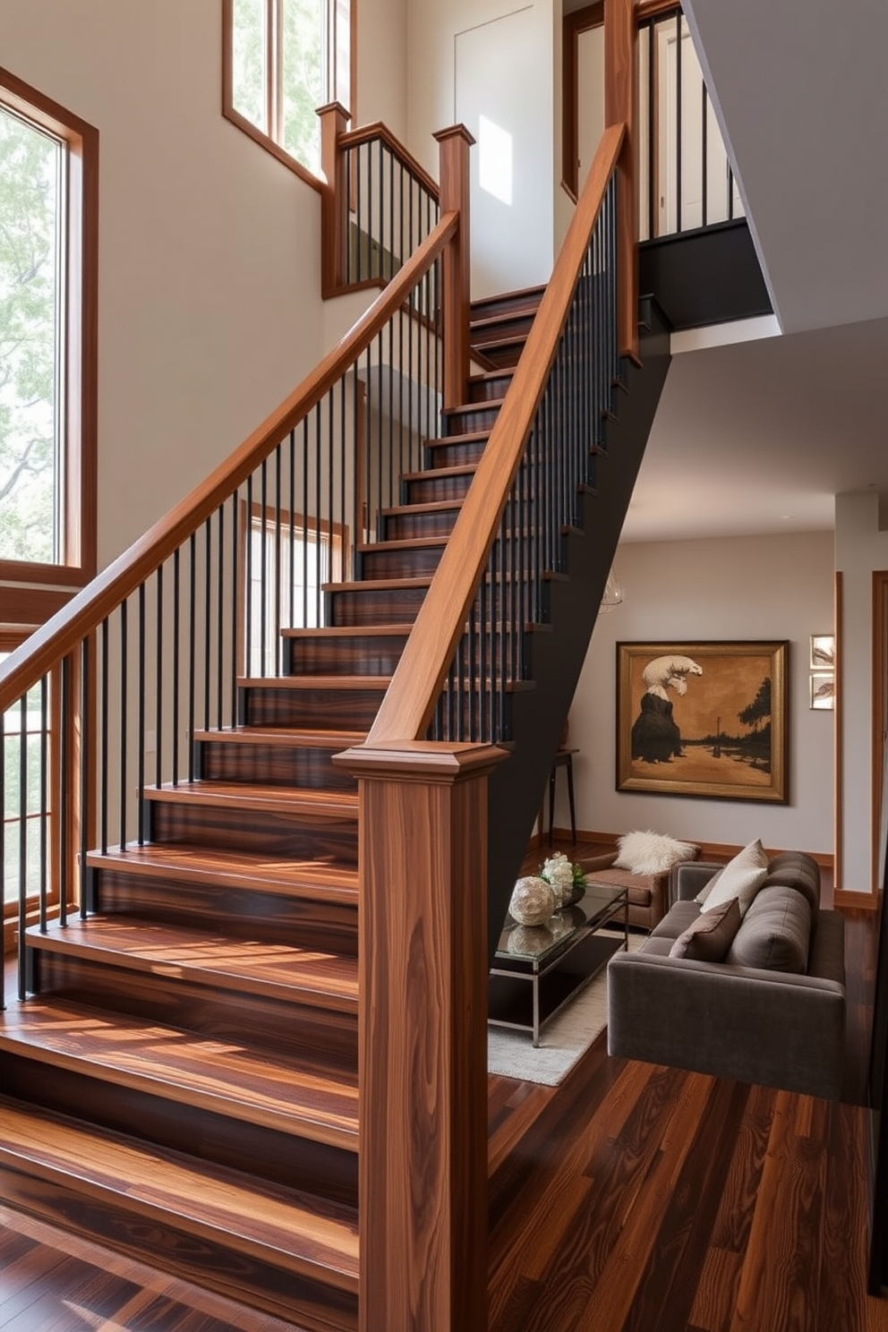 A stunning staircase featuring contrasting wood tones creates a striking focal point in the living room. The staircase has a sleek design with dark wood steps complemented by a lighter wood railing, adding depth and warmth to the space. The living room is designed to seamlessly integrate with the staircase, featuring plush seating and an elegant coffee table. Large windows allow natural light to flood the room, highlighting the beautiful interplay of the wood tones and enhancing the inviting atmosphere.