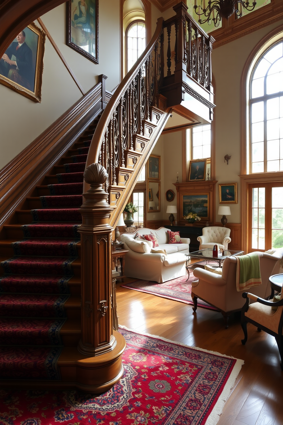 A vintage staircase with ornate details showcases intricate woodwork and a polished banister. The steps are adorned with a rich Persian rug that adds warmth and color to the space. The living room features a cozy seating arrangement with plush sofas and elegant armchairs. Large windows allow natural light to flood in, highlighting the staircase's craftsmanship and the room's inviting atmosphere.