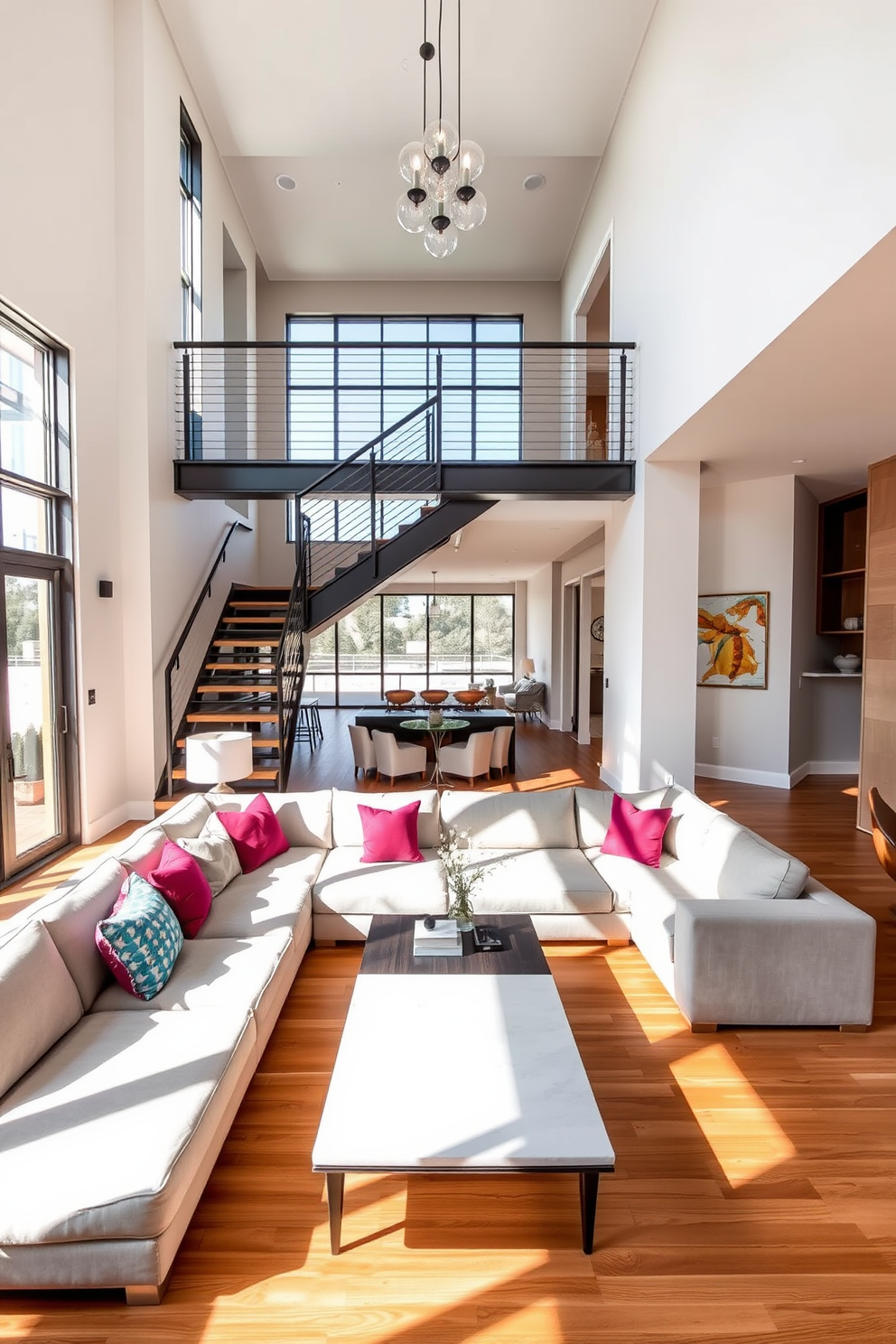 Open concept living room with a stunning staircase view. The space features a large sectional sofa in a neutral tone, accented by vibrant throw pillows and a stylish coffee table in the center. Floor-to-ceiling windows allow natural light to flood the room, enhancing the warm wooden flooring. A sleek staircase with a modern railing leads to the upper level, creating a focal point in the design.