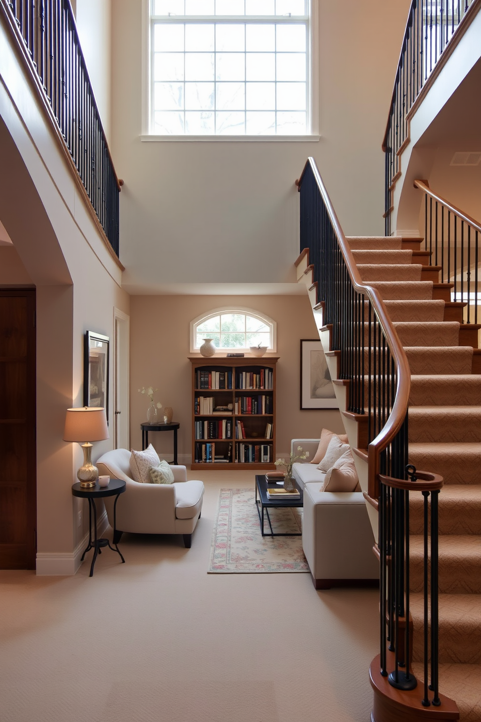 A beautiful staircase leads to a cozy reading nook bathed in natural light. The nook features a plush armchair, a small side table, and a tall bookshelf filled with an array of books. The living room showcases an elegant design with a stunning staircase as a focal point. Soft neutral tones dominate the space, complemented by a large sectional sofa and a stylish coffee table.