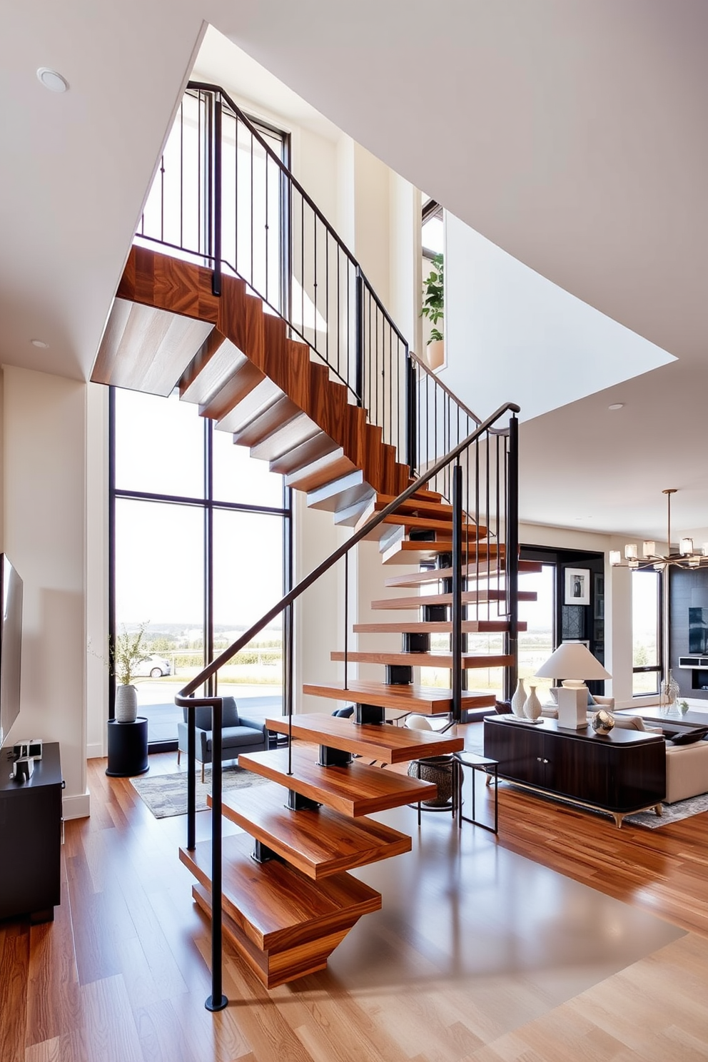 A staircase featuring unique geometric shapes that create a striking visual impact. The steps are made of polished wood with a contemporary metal railing that adds an artistic touch. A spacious living room seamlessly integrating the staircase design with modern furnishings. Large windows allow natural light to flood the space, highlighting the elegant decor and inviting atmosphere.