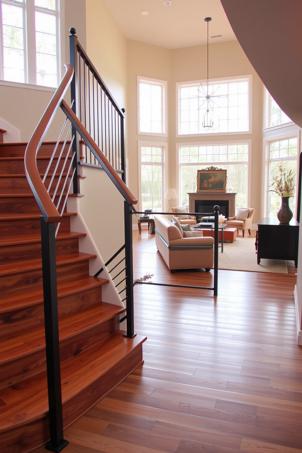 A transitional staircase featuring a combination of wood and metal elements. The wooden steps are complemented by a sleek metal railing that adds a modern touch. The living room showcases a seamless connection to the staircase design. Large windows fill the space with natural light, highlighting the warm tones of the furniture and the elegant staircase.