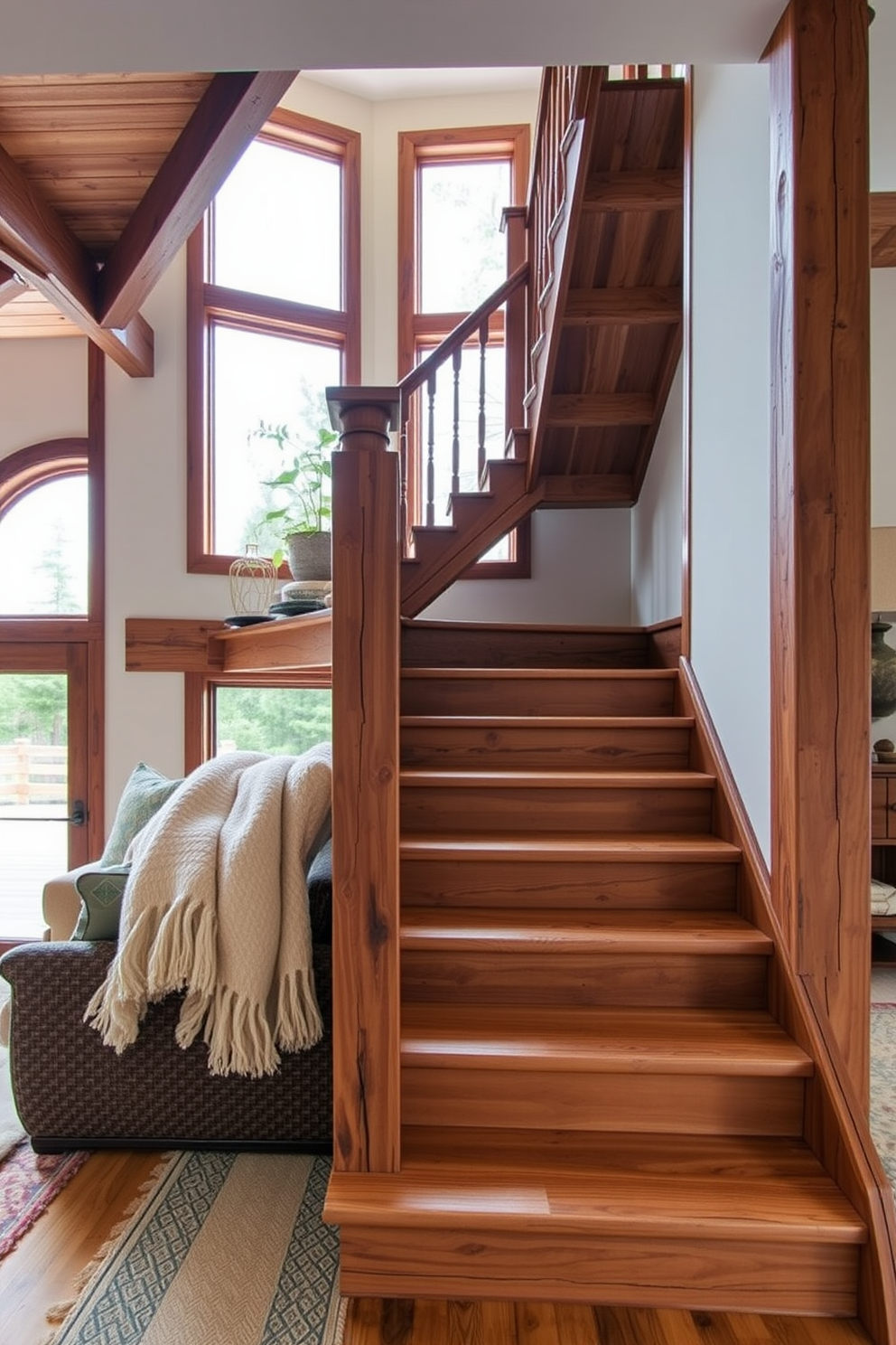 Rustic wooden stairs lead to a cozy seating area that invites relaxation. The warm tones of the wood are complemented by plush cushions and a soft throw blanket, creating a welcoming atmosphere. The living room features a blend of traditional and modern elements, with the stairs acting as a stunning focal point. Large windows allow natural light to flood the space, highlighting the rich textures of the furnishings and decor.