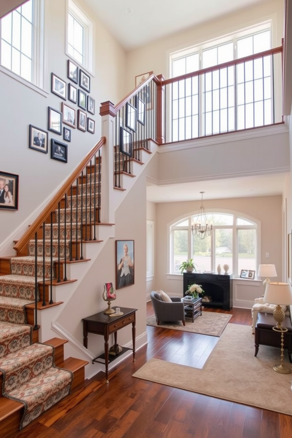 A staircase adorned with a family photo gallery features a series of framed pictures in varying sizes, showcasing cherished memories. The wooden steps are complemented by a stylish runner that adds warmth and texture to the space. The living room boasts a stunning staircase design that serves as a focal point, enhancing the overall aesthetic. Large windows allow natural light to flood the area, highlighting the elegant furniture and inviting atmosphere.