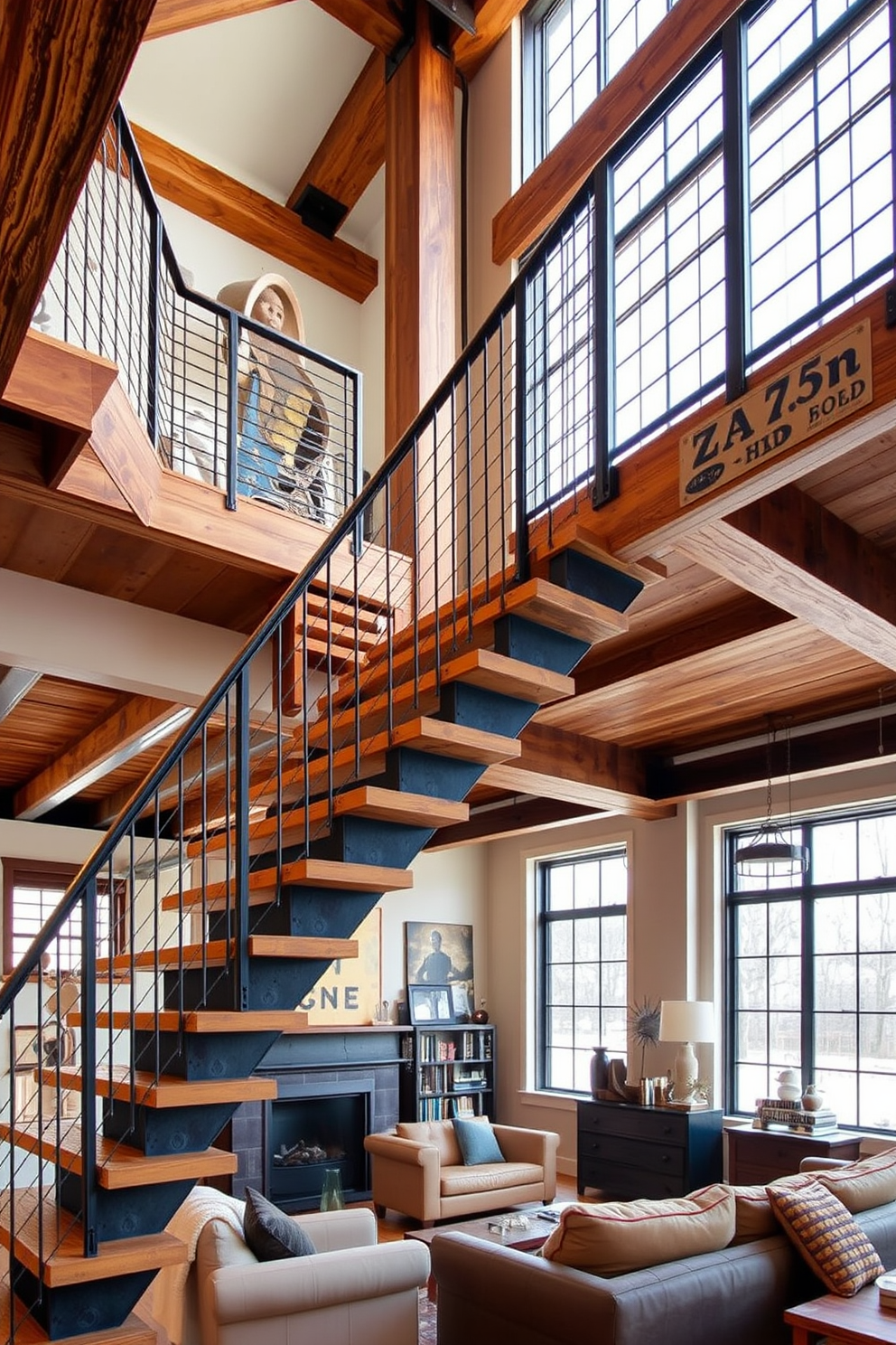 An industrial style staircase features exposed wooden beams and metal railings, creating a striking focal point in the space. The steps are made of reclaimed wood, adding warmth and character to the overall design. The living room showcases a seamless integration of the staircase, with large windows allowing natural light to flood the area. A cozy seating arrangement is positioned near the staircase, complemented by a mix of vintage and modern decor elements.