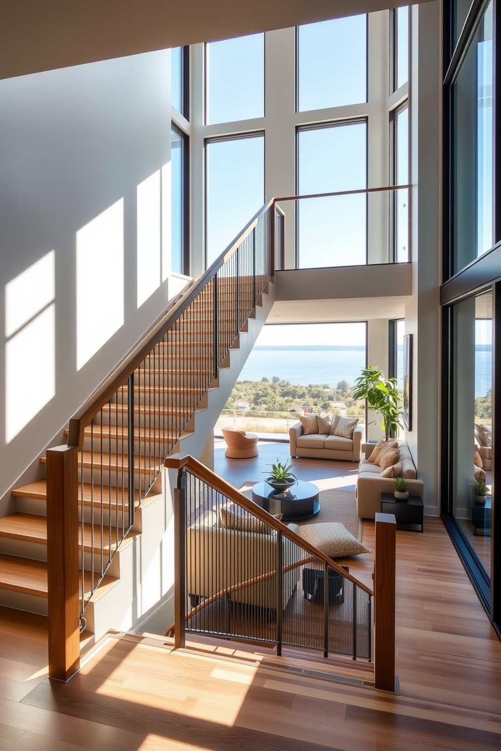 Light-filled staircase with large windows. The staircase features a sleek wooden railing and is bathed in natural light from the expansive windows that frame the view outside. Living room with stairs design ideas. The space includes a cozy seating arrangement with plush sofas and a coffee table, complemented by the elegant staircase that leads to the upper level.