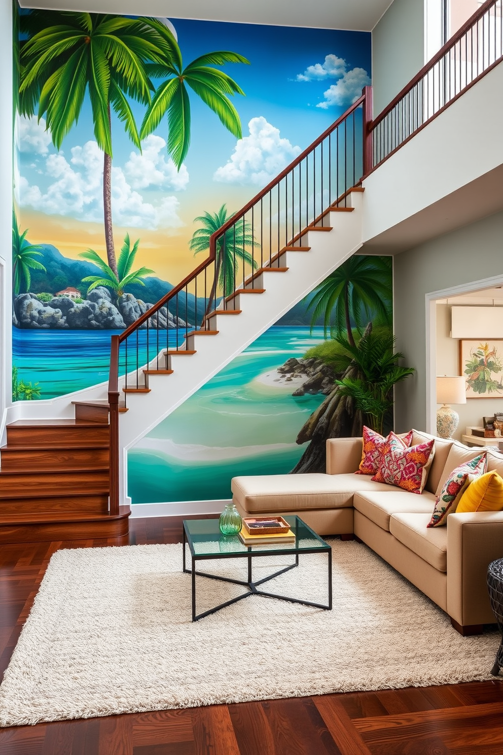 A vibrant mural depicting a tropical landscape adorns the staircase wall, bringing a burst of color and energy to the space. The stair treads are finished in a rich hardwood, complementing the mural and enhancing the overall aesthetic. The living room features a cozy seating arrangement with a plush sectional sofa in a neutral tone, accented by colorful throw pillows. A stylish coffee table sits at the center, surrounded by a soft area rug that ties the room together.