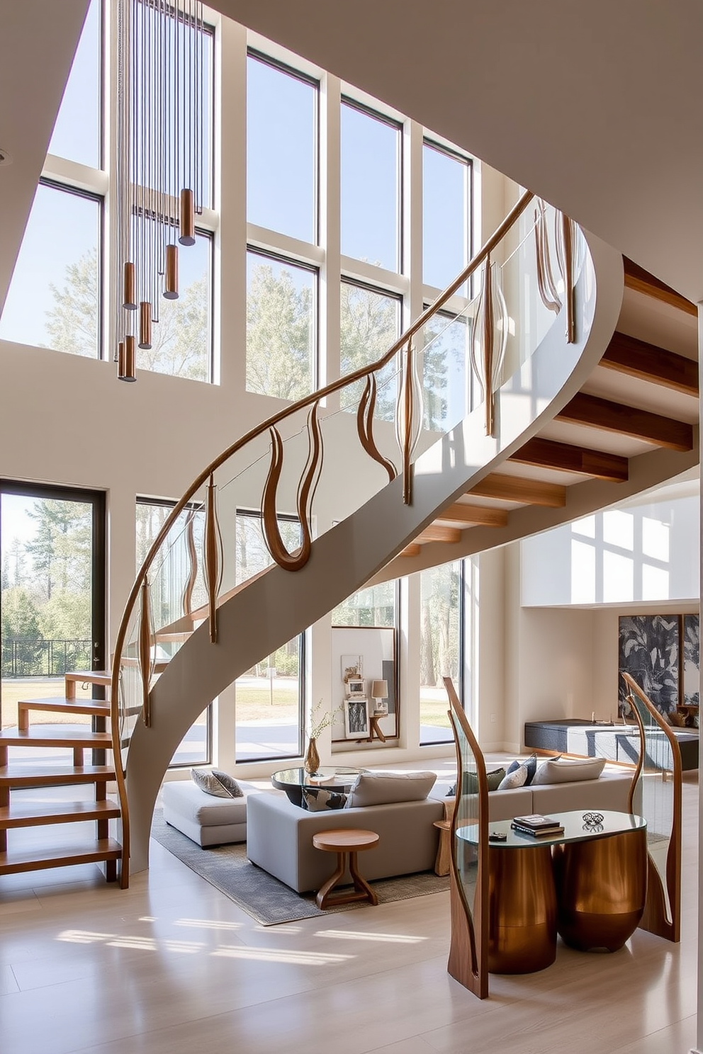 Artistic staircase with sculptural elements. The staircase features a flowing design with curvilinear railings and a mix of materials like wood and glass, creating a stunning focal point in the entryway. Living room with stairs design ideas. The living room incorporates an open staircase that seamlessly blends with the modern decor, highlighting a cozy seating area beneath large windows that flood the space with natural light.