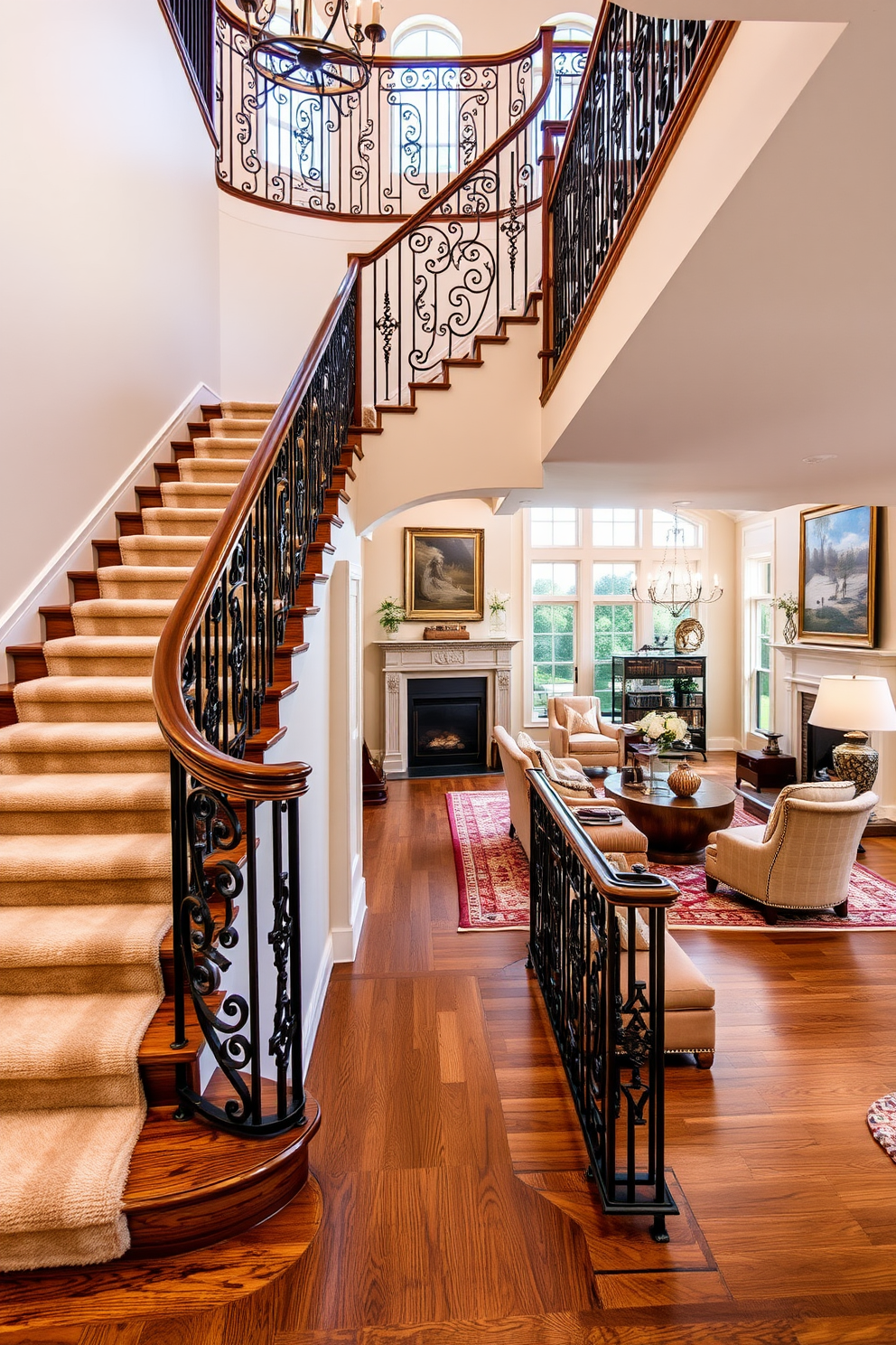 A grand staircase features a plush runner that adds comfort and warmth to the space. The elegant wooden steps are complemented by intricate wrought iron railings that enhance the overall aesthetic. The living room showcases a stylish design that seamlessly integrates with the staircase. Plush seating arrangements and a cozy fireplace create an inviting atmosphere for relaxation and social gatherings.