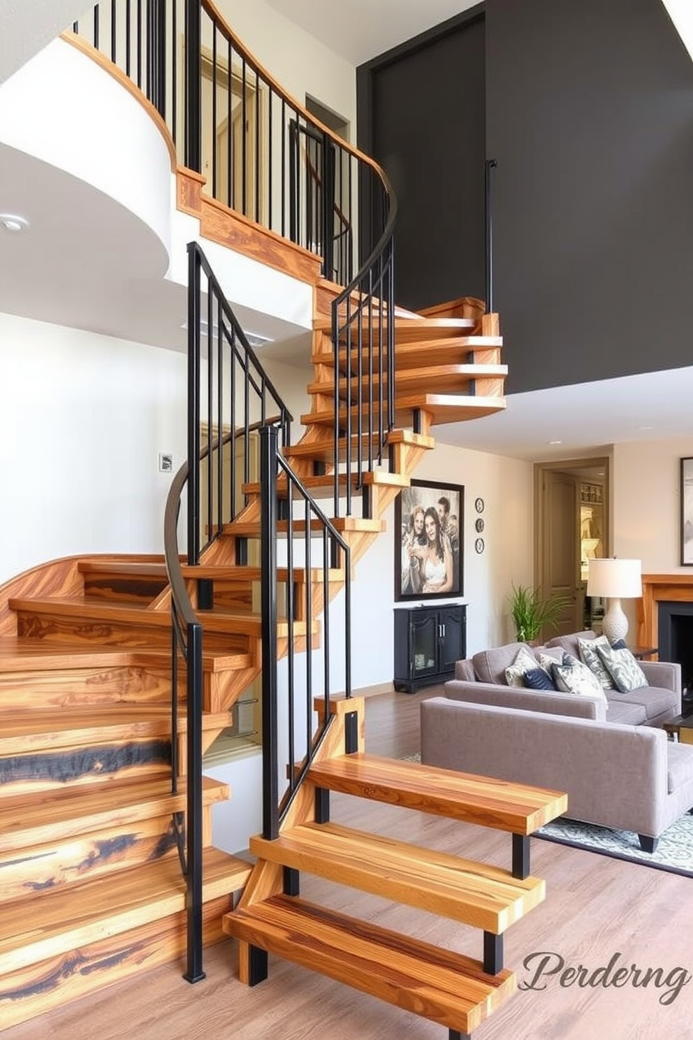 A stunning staircase featuring reclaimed wood accents gracefully winds upward. The warm tones of the wood contrast beautifully with the sleek metal railing. In the living room, the staircase serves as a focal point, enhancing the open concept design. Plush seating arrangements are strategically placed to create a cozy yet elegant atmosphere.