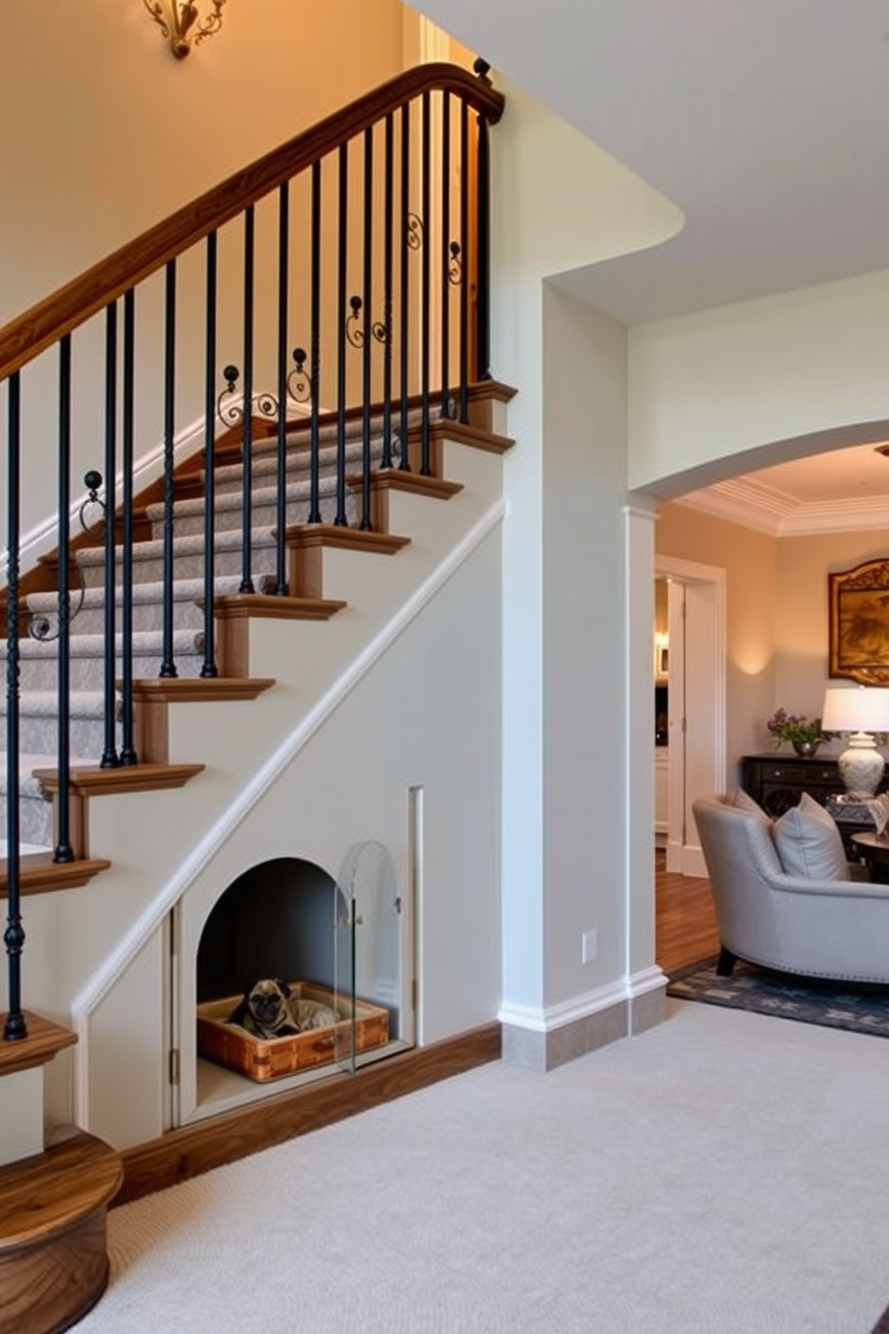 A stunning staircase features a built-in pet nook underneath the steps. The nook is designed with a cozy bed and decorative elements that blend seamlessly with the overall aesthetic of the home. The living room showcases elegant design ideas that highlight the staircase as a focal point. Plush seating arrangements and warm lighting create an inviting atmosphere, enhancing the connection between the living space and the staircase.