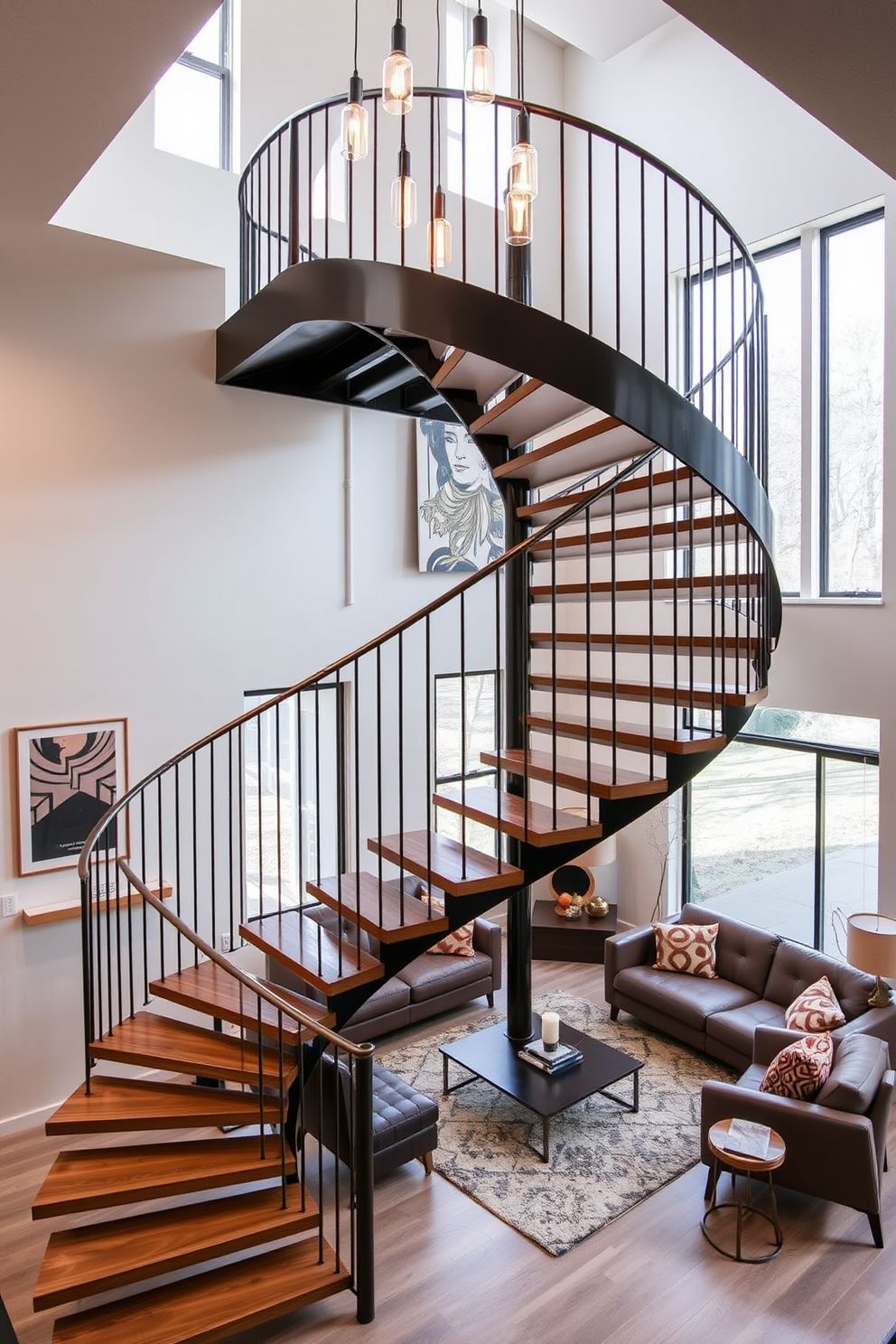 A modern spiral staircase elegantly ascends to the upper floor, featuring a sleek metal railing and wooden steps that create a striking visual. Above the staircase, pendant lights hang gracefully, casting a warm glow that enhances the contemporary aesthetic. The living room is designed around the staircase, with plush seating arranged to create a cozy yet open atmosphere. Large windows allow natural light to flood the space, highlighting the blend of modern furnishings and artistic decor elements.