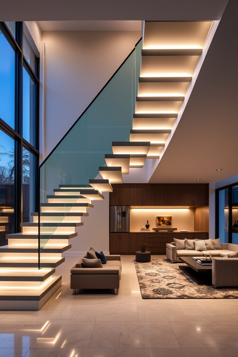 Floating stairs with under-lighting accents create a stunning visual focal point in the living room. The stairs appear to levitate, showcasing sleek lines and a modern aesthetic that enhances the overall design. The living room features a spacious layout with plush seating and a contemporary coffee table. Large windows allow natural light to flood the space, highlighting the elegant materials and finishes used throughout.