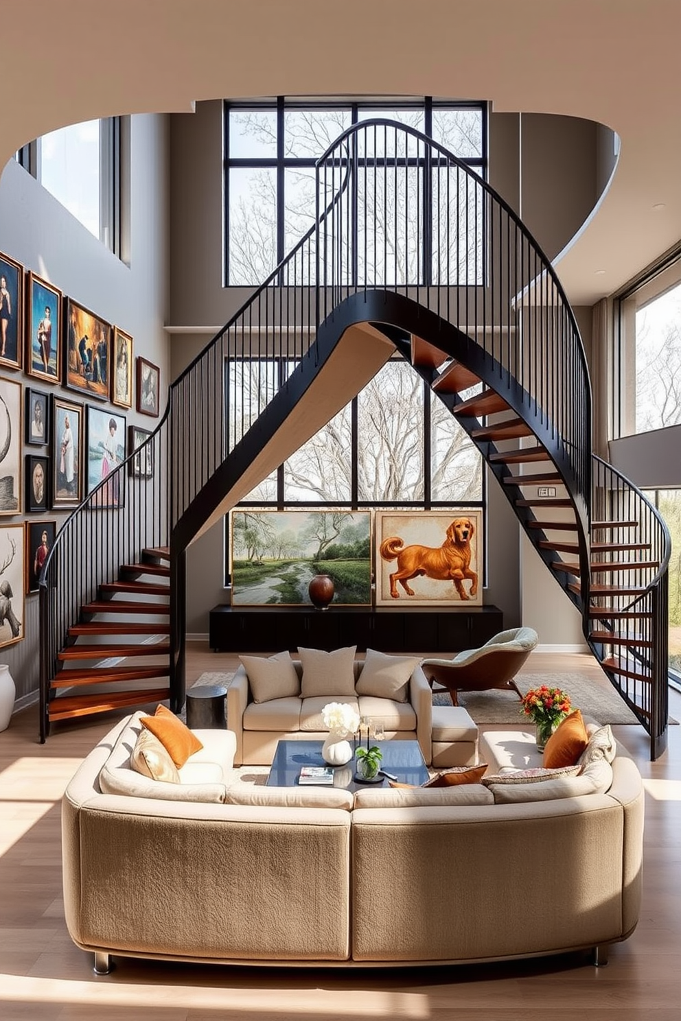 A stunning curved staircase elegantly winds its way through the living room, showcasing a curated collection of artwork along the walls. The staircase is complemented by a modern railing that adds a touch of sophistication to the open space. The living room features a spacious layout with plush seating arranged around a contemporary coffee table. Large windows allow natural light to flood the area, highlighting the beautiful artwork and creating a warm and inviting atmosphere.