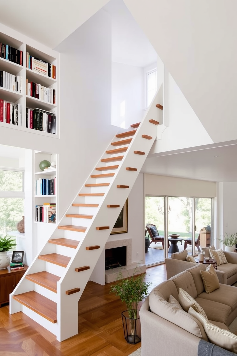 A stunning ladder-style staircase ascends gracefully against a backdrop of white walls. Built-in shelves line the side, displaying an array of books and decorative items, adding both functionality and charm to the space. The living room features an open layout that seamlessly integrates the staircase design. Cozy seating arrangements invite relaxation, while large windows flood the area with natural light, enhancing the inviting atmosphere.