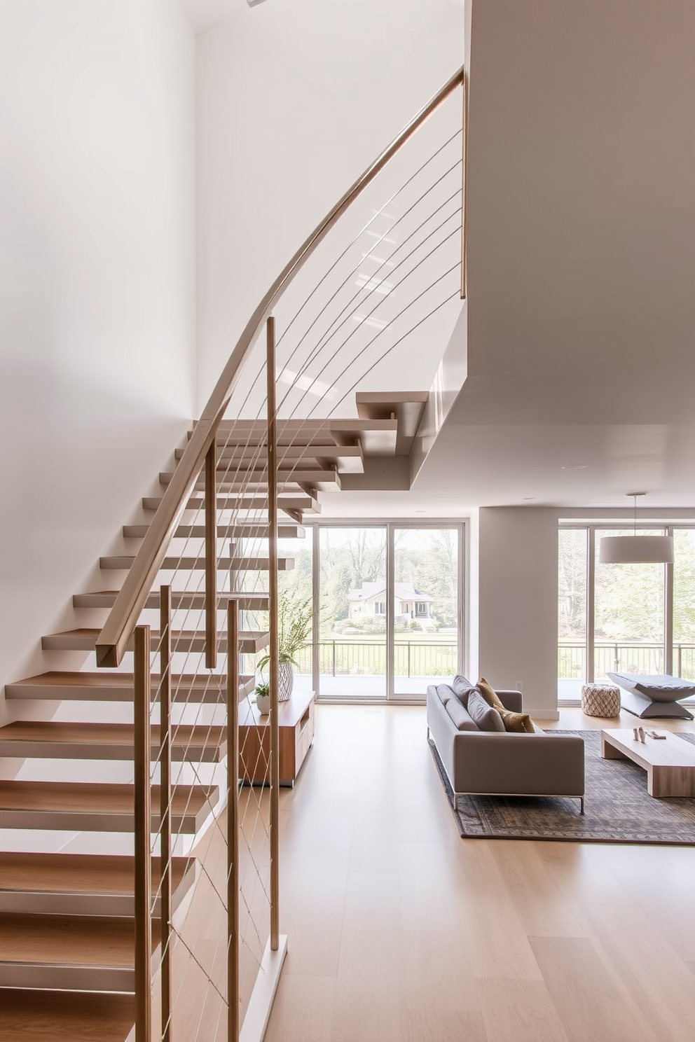 A minimalist staircase with a sleek metal finish features clean lines and a floating design that enhances the sense of space. The handrail is made of polished steel, complementing the open risers and allowing light to flow freely through the area. The living room is designed to create a seamless flow with the staircase, incorporating a neutral color palette and modern furnishings. Large windows provide natural light, and a cozy seating arrangement invites relaxation while maintaining an uncluttered aesthetic.