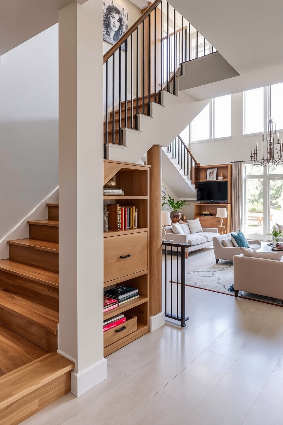 A modern staircase with integrated storage solutions. The staircase features built-in shelves and drawers along the side, providing functional space for books and decor. A spacious living room designed around an elegant staircase. The living room includes plush seating arrangements and large windows that allow natural light to illuminate the area.