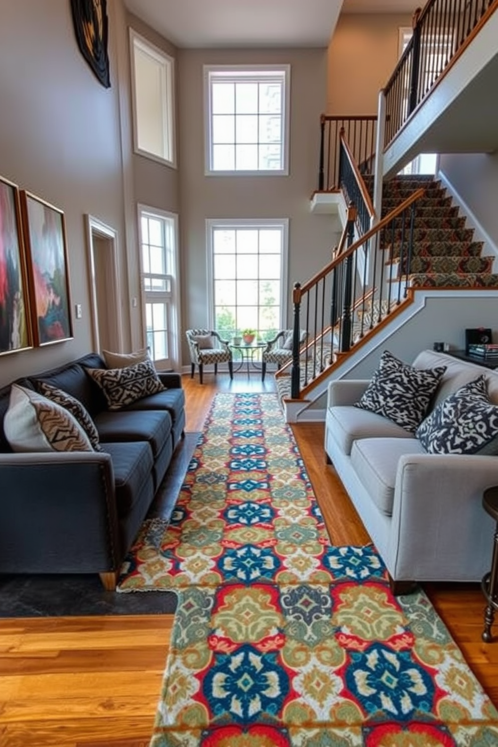 A striking living room features a bold patterned carpet running along the staircase steps, creating a vibrant focal point. The walls are adorned with contemporary art, and plush seating areas invite relaxation while complementing the carpet's colors. Natural light floods the space through large windows, enhancing the warm tones of the hardwood flooring. Decorative pillows and throws in coordinating patterns add texture and comfort to the seating arrangements.