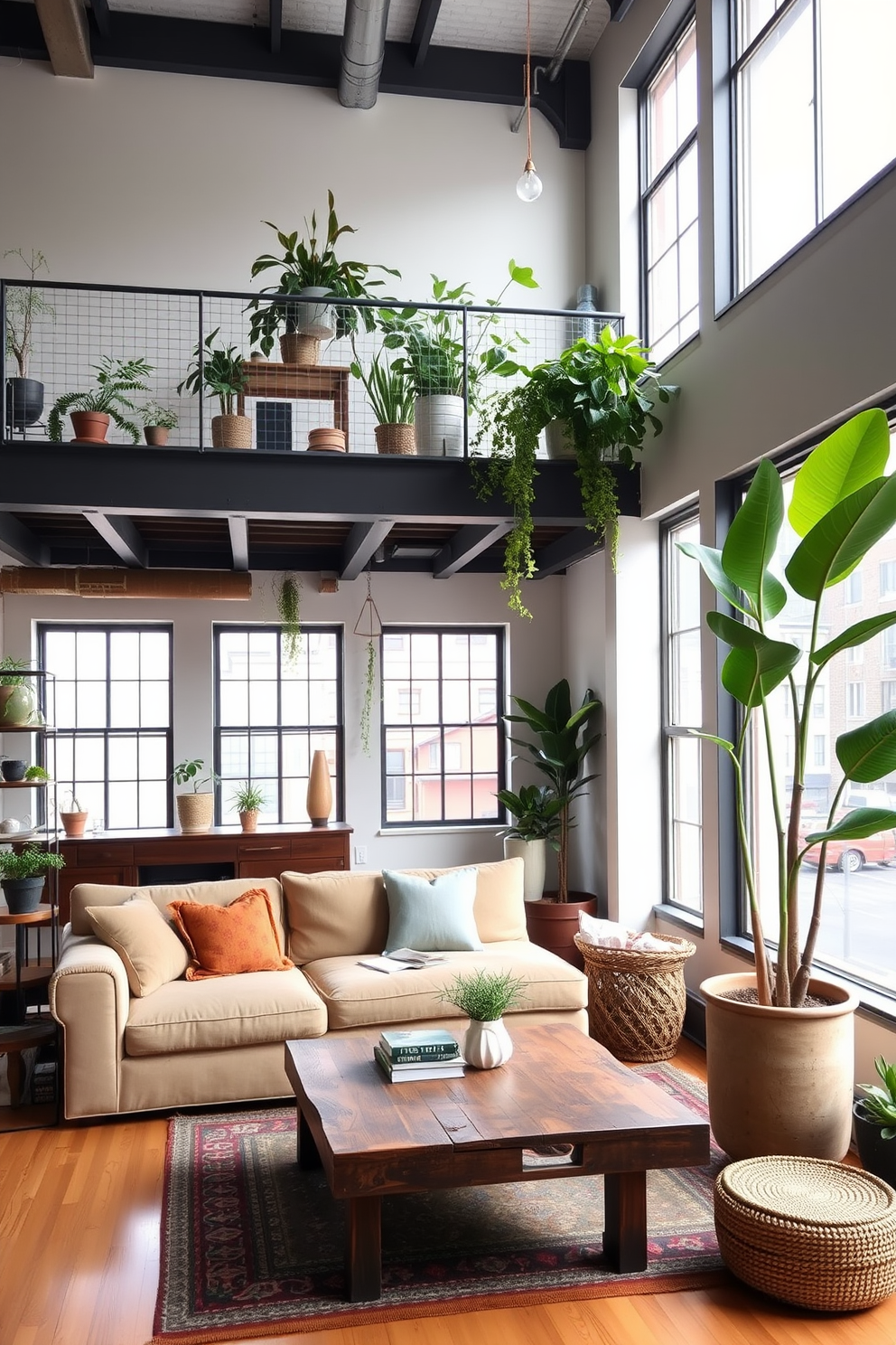 A stylish loft apartment featuring an open floor plan with high ceilings and large windows allowing natural light to flood the space. The decor includes a mix of modern and vintage furniture, with a cozy seating area highlighted by a plush sectional sofa and a reclaimed wood coffee table. Incorporate various indoor plants to add greenery and life, strategically placed on shelves and in corners to create a vibrant atmosphere. A statement plant, such as a tall fiddle leaf fig, stands near the window, enhancing the overall aesthetic and bringing a touch of nature indoors.