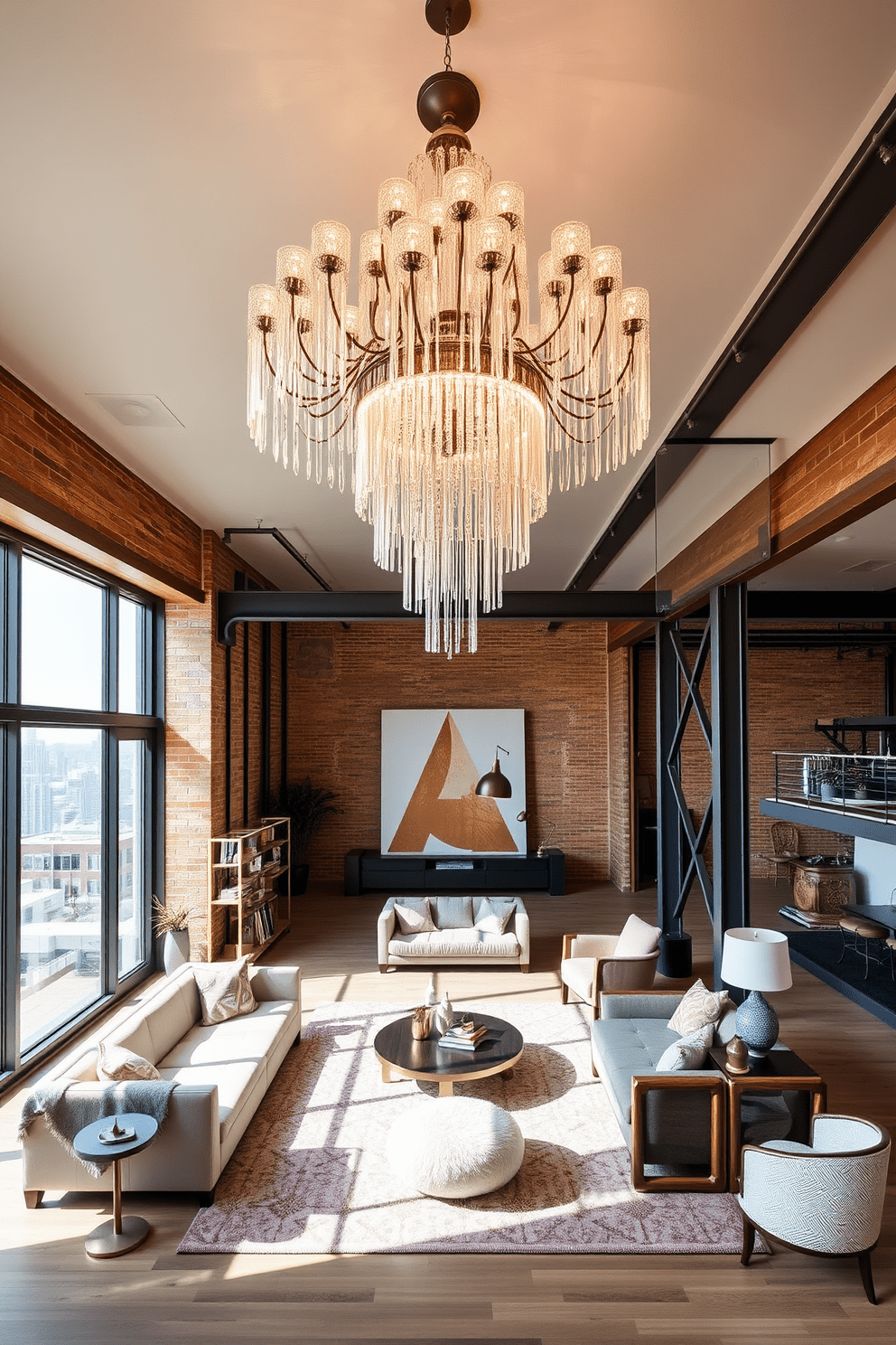 A stunning loft apartment featuring an eye-catching statement chandelier that cascades from the high ceiling. The open space is filled with natural light, highlighting the modern furnishings and unique decor elements throughout the room. The living area combines industrial materials with plush textures, creating a warm yet sophisticated atmosphere. Large windows offer a view of the city skyline, while a cozy seating arrangement invites relaxation and conversation.