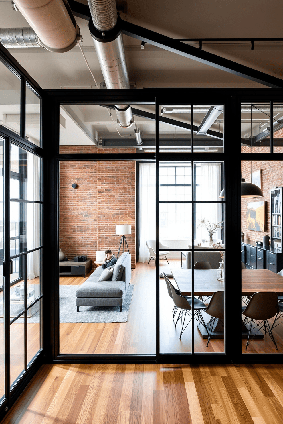 A modern loft apartment featuring glass partitions that elegantly separate the living and dining areas. The open space is filled with natural light, highlighting the sleek furniture and contemporary decor. The living area showcases a plush sectional sofa and a minimalist coffee table, while the dining space includes a stylish wooden table surrounded by designer chairs. Industrial elements like exposed brick walls and metal accents add character to the overall design.