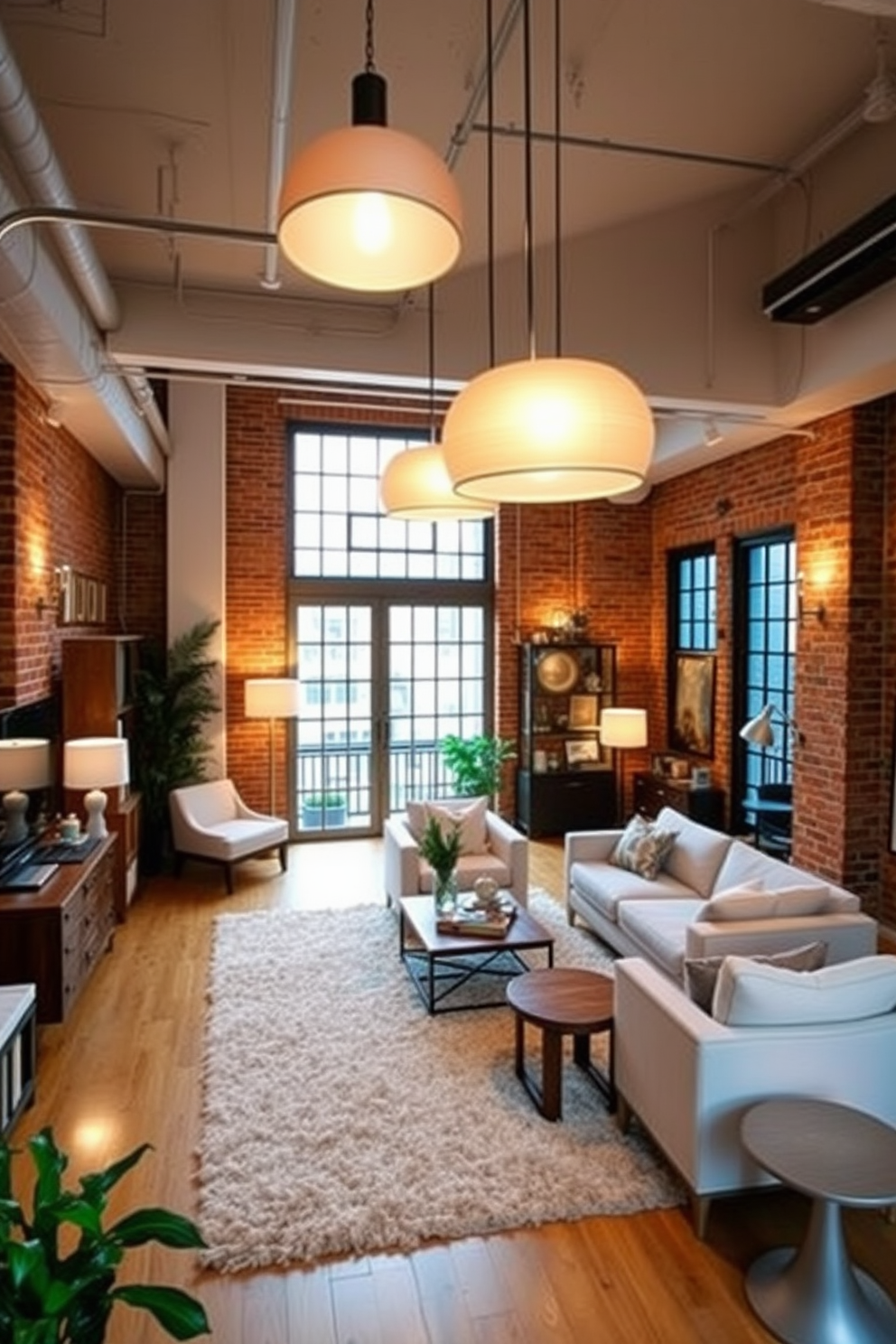 Layered lighting creates a warm and inviting atmosphere in a loft apartment. Soft pendant lights hang from the ceiling, complemented by strategically placed floor lamps and wall sconces. The space features an open layout with exposed brick walls and large windows that allow natural light to flood in. A plush area rug anchors the seating area, adorned with a mix of modern and vintage furniture pieces.