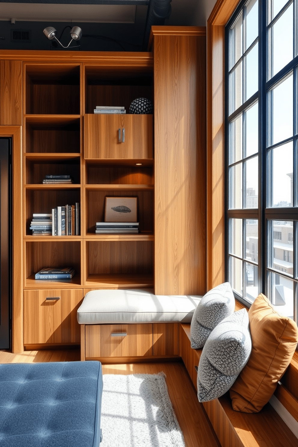 Custom built-ins create a seamless and functional storage solution in a loft apartment. The design features floor-to-ceiling cabinetry with a mix of open shelves and closed compartments, finished in a warm wood tone that complements the industrial elements of the space. Incorporating a cozy reading nook, the built-ins include a cushioned bench with plush pillows. Natural light pours in from large windows, highlighting the unique textures and finishes of the custom cabinetry.