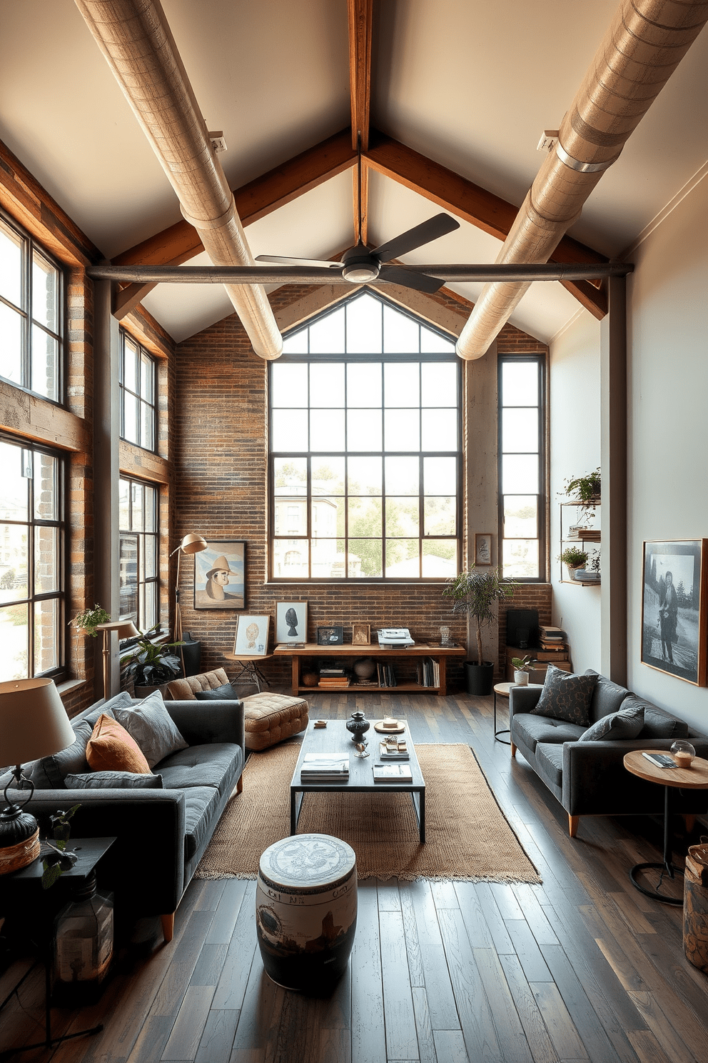 A stylish loft apartment featuring open spaces and high ceilings. The interior incorporates sustainable materials such as reclaimed wood and recycled metal for a modern yet eco-friendly aesthetic. Large windows allow natural light to flood the space, highlighting the earthy tones of the furnishings. A mix of vintage and contemporary decor pieces adds character while promoting a sustainable lifestyle.