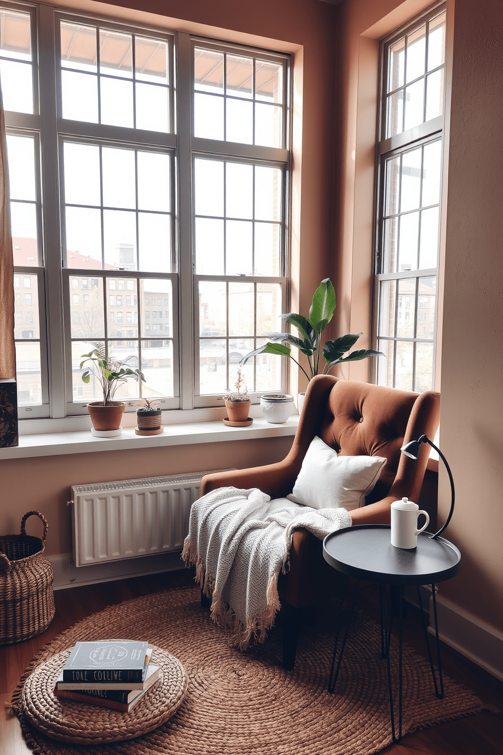 A cozy reading nook featuring large windows that allow natural light to flood the space. The nook is adorned with a plush armchair, a soft throw blanket, and a small side table holding a stack of books and a steaming cup of tea. The walls are painted in warm neutral tones, creating an inviting atmosphere. A woven rug lies beneath the chair, and potted plants are placed on the windowsill, adding a touch of greenery to the loft apartment design.